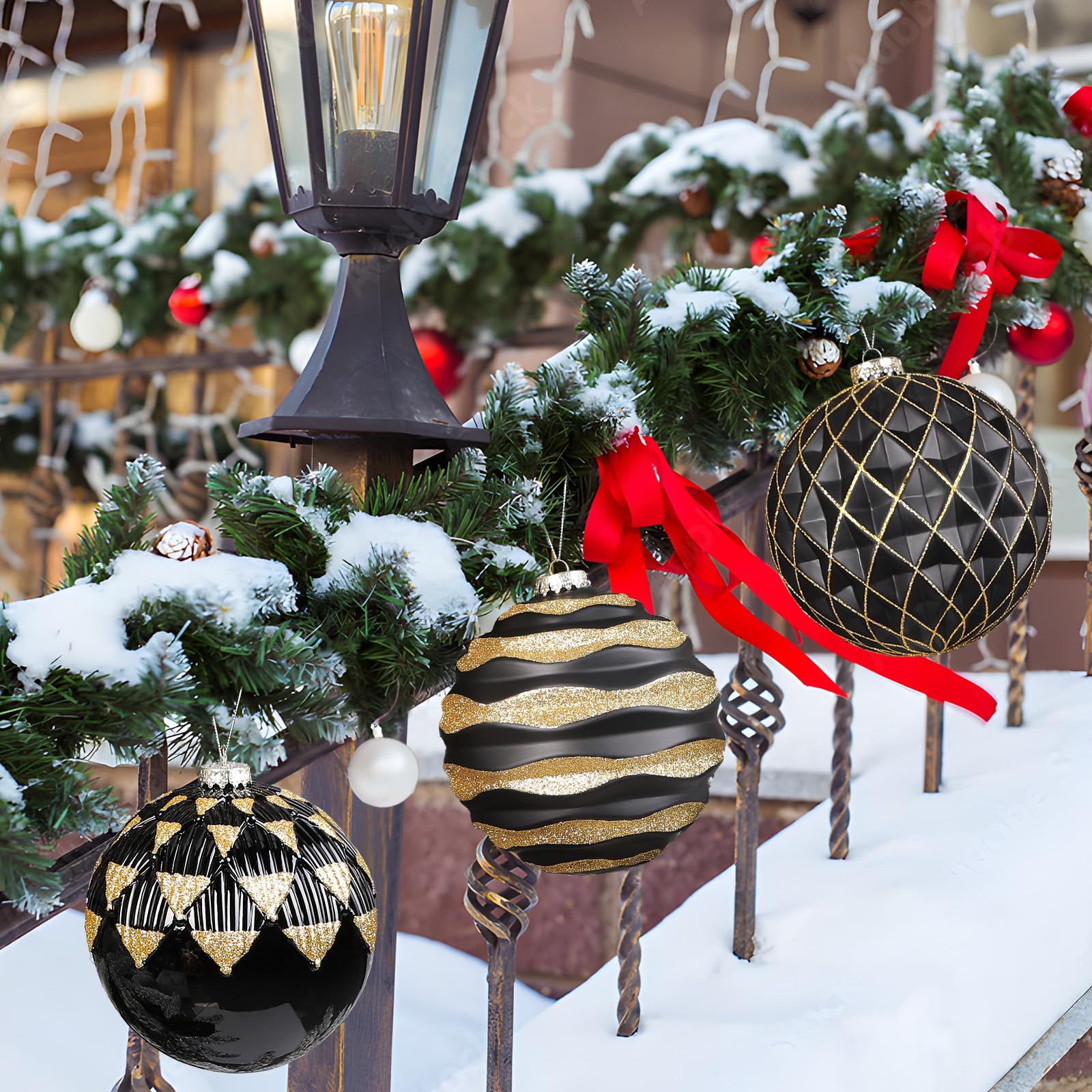 4Pcs 6''/150mm Black&Gold Large Christmas Ball Ornaments with Hooks - SHareconn