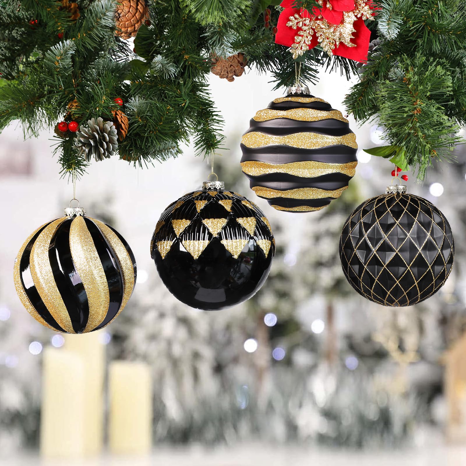 4Pcs 6''/150mm Black&Gold Large Christmas Ball Ornaments with Hooks - SHareconn