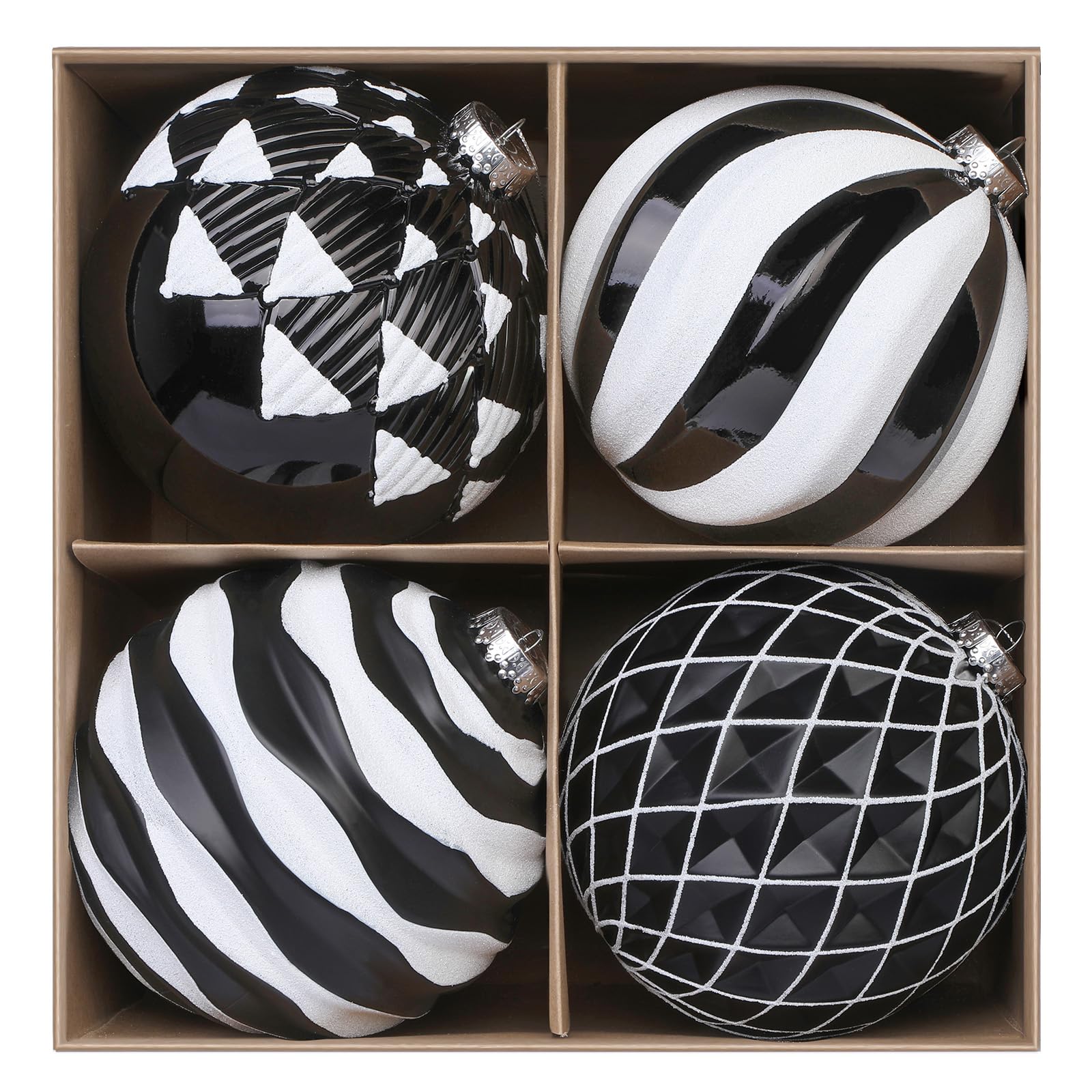 4Pcs 6''/150mm Black & White Large Christmas Ball Ornaments with Hooks - SHareconn