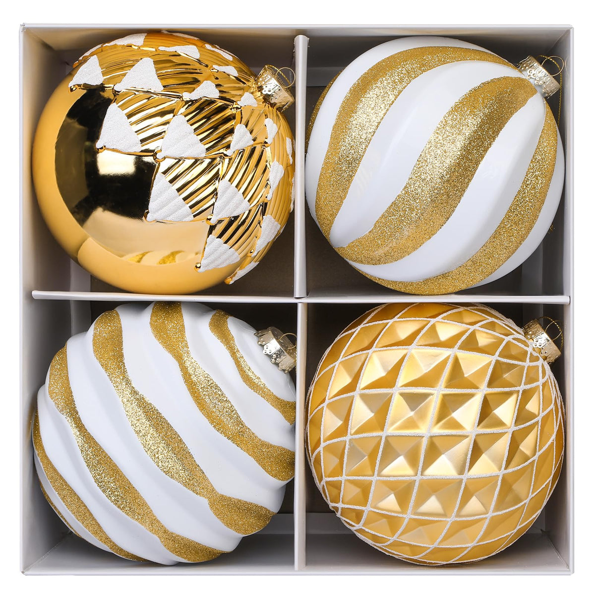 4Pcs 6''/150mm Gold & White Large Christmas Ball Ornaments with Hooks - SHareconn
