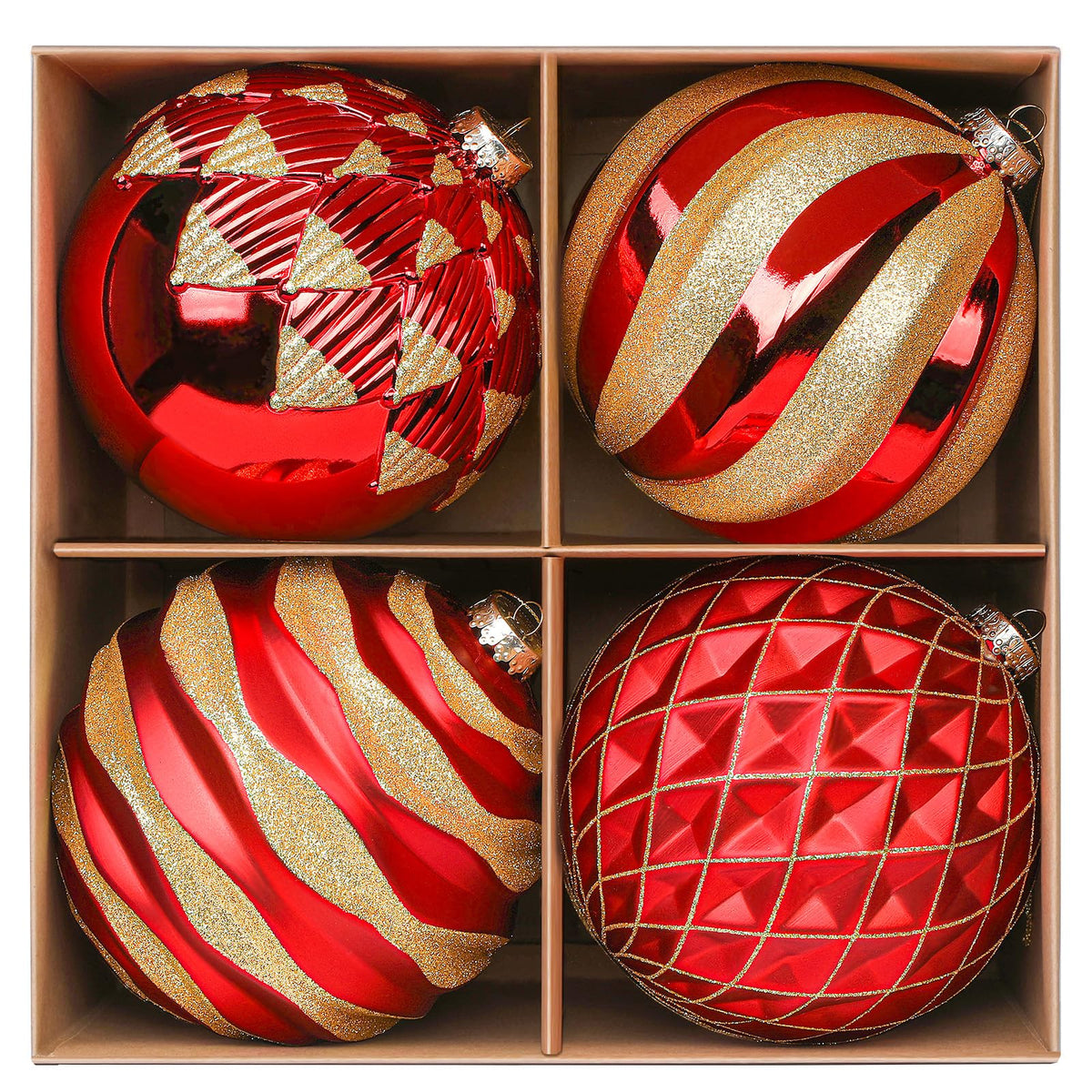 4Pcs 6''/150mm Red & Gold Large Christmas Ball Ornaments with Hooks - SHareconn