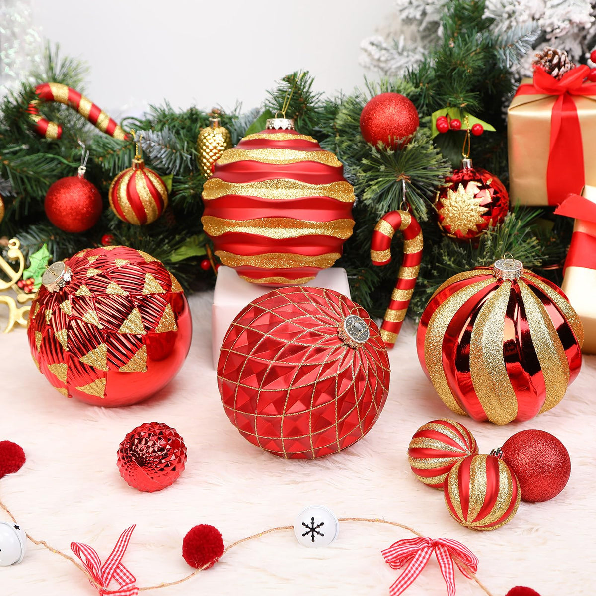 4Pcs 6''/150mm Red & Gold Large Christmas Ball Ornaments with Hooks - SHareconn