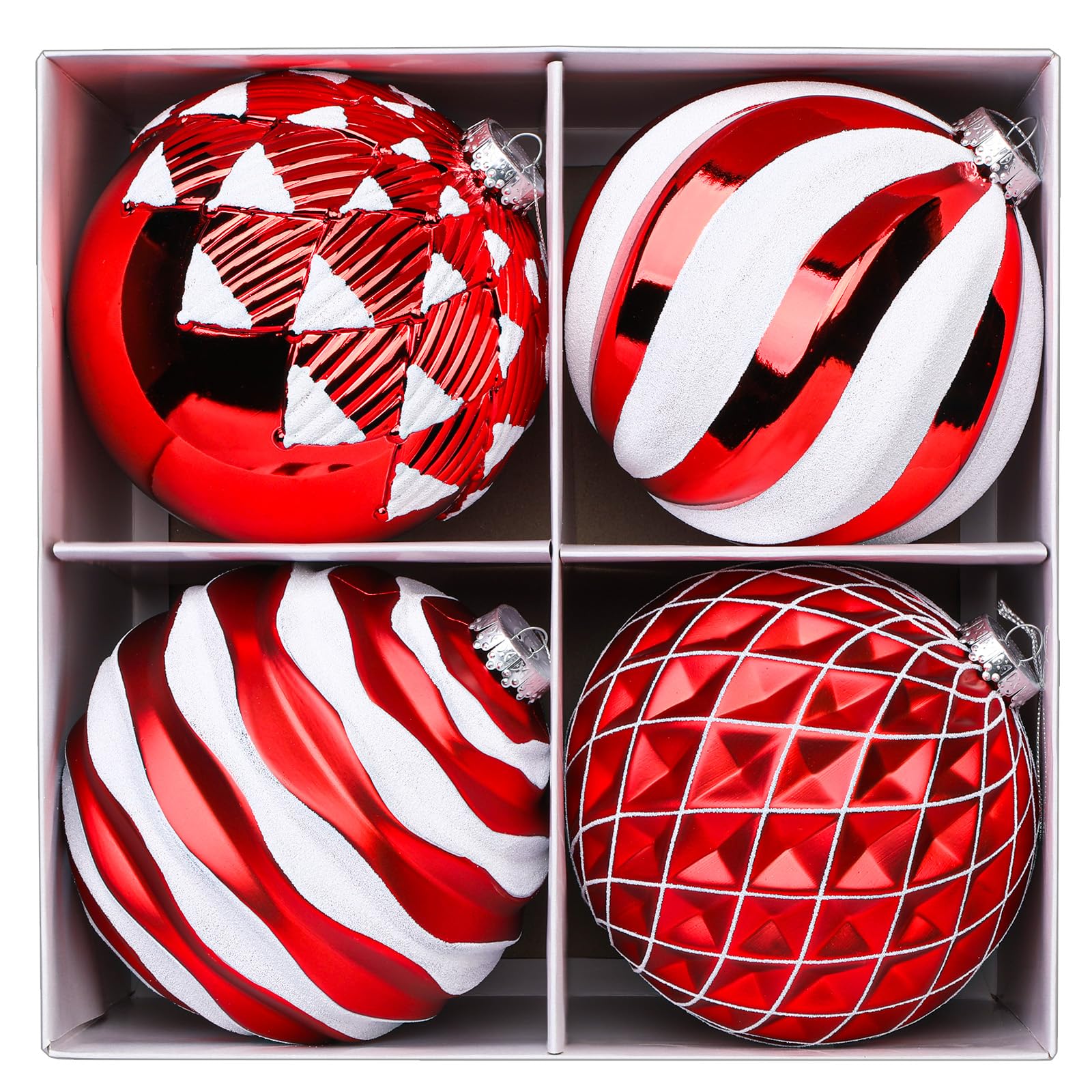 4Pcs 6''/150mm Red & White Large Christmas Ball Ornaments with Hooks - SHareconn