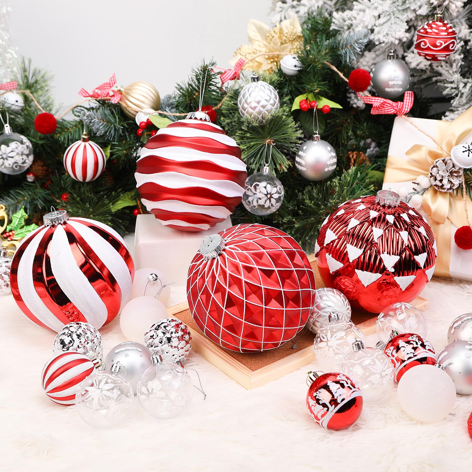 4Pcs 6''/150mm Red & White Large Christmas Ball Ornaments with Hooks - SHareconn