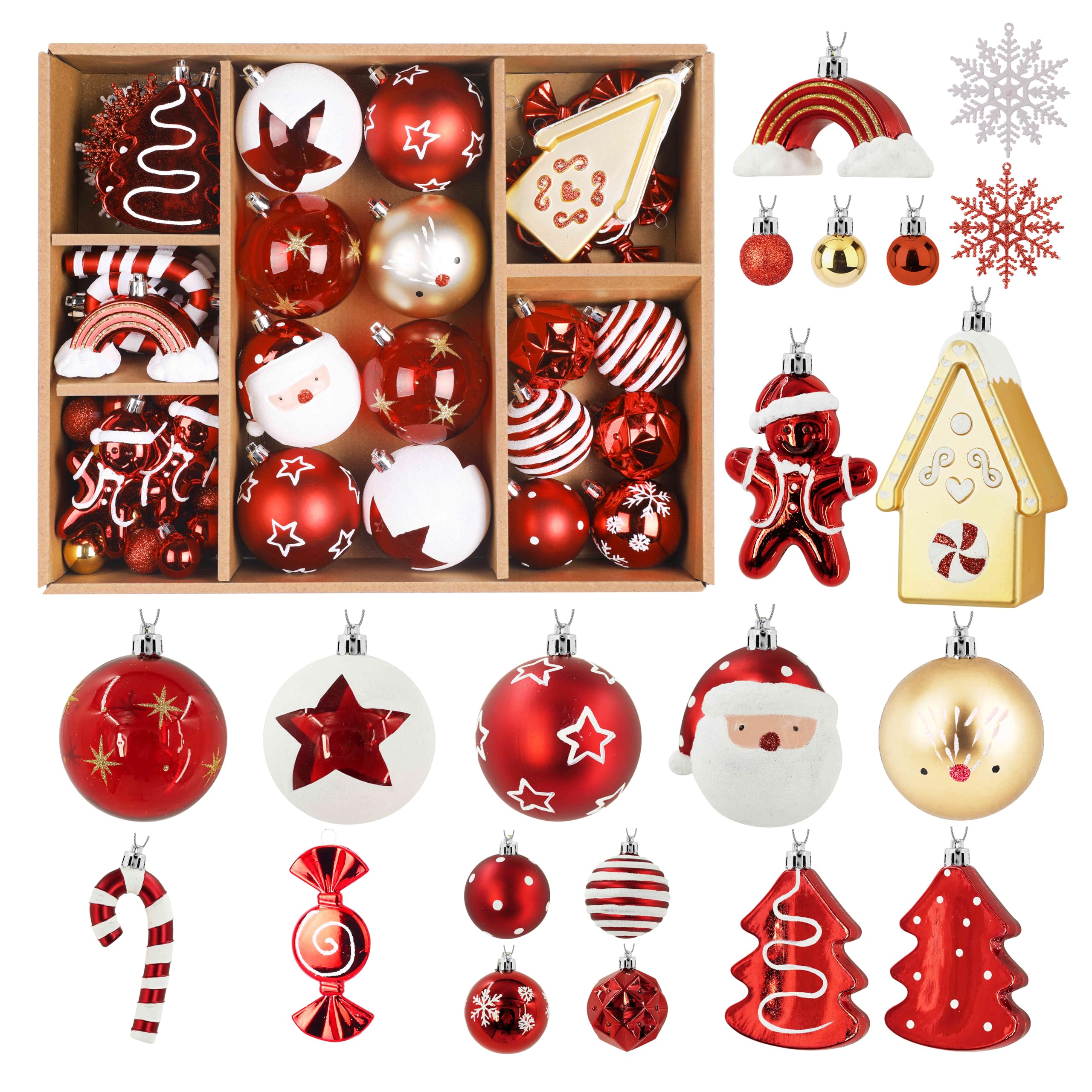 65pcs Gold & Red, White Candy House Christmas Balls Ornaments Set with Hanging Strings - SHareconn