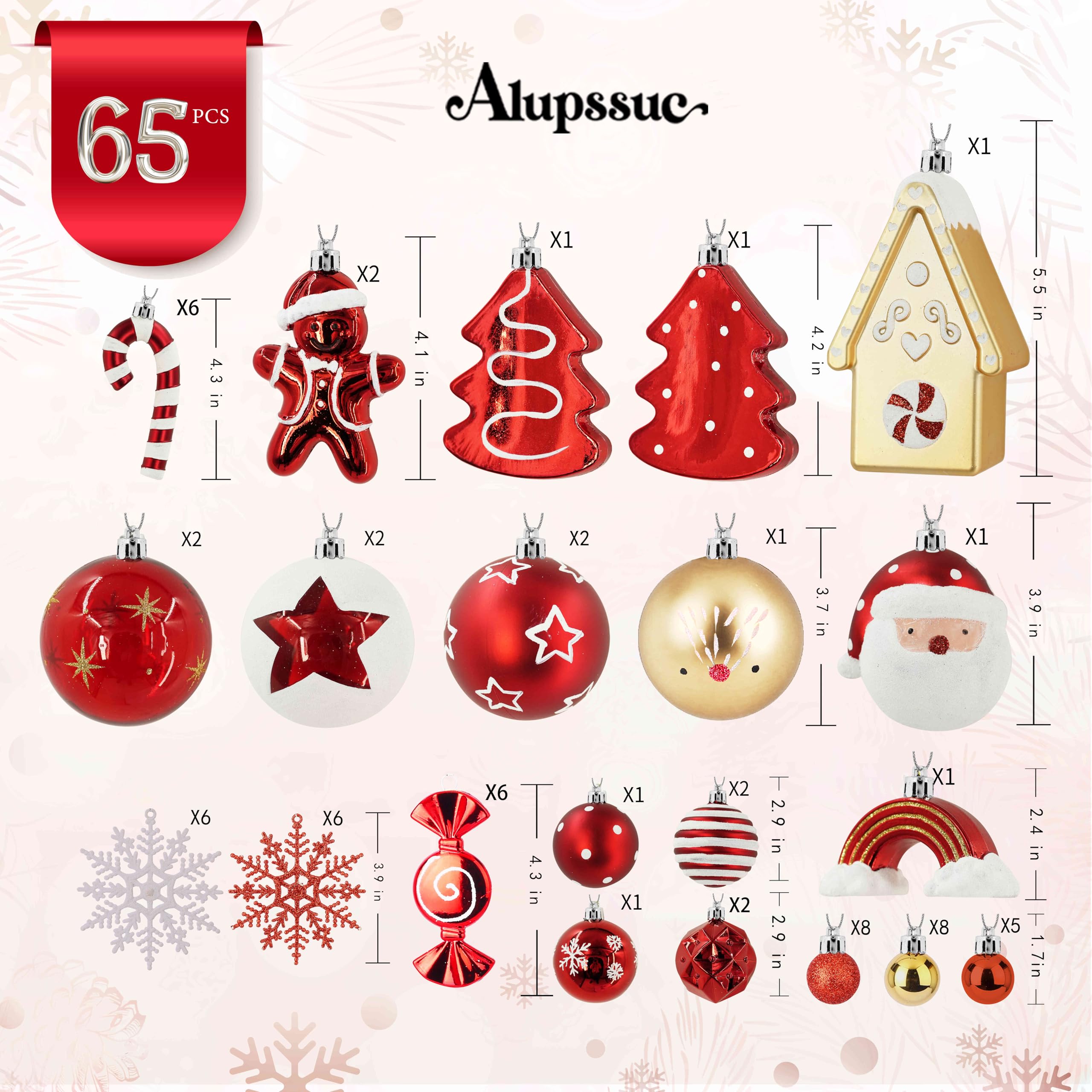 65pcs Gold & Red, White Candy House Christmas Balls Ornaments Set with Hanging Strings - SHareconn