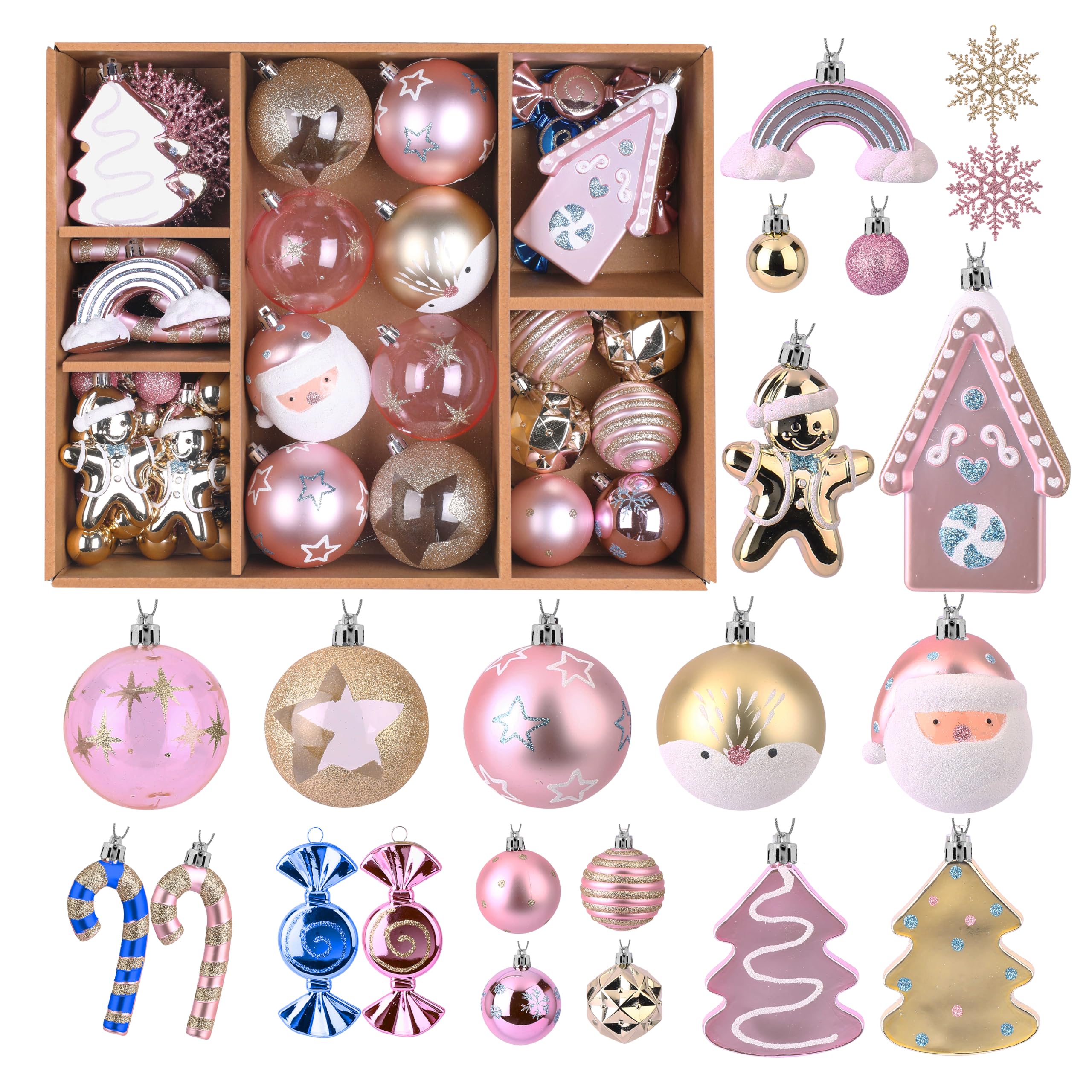 65pcs Macaron Pink Candy House Christmas Balls Ornaments Set with Hanging Strings - SHareconn