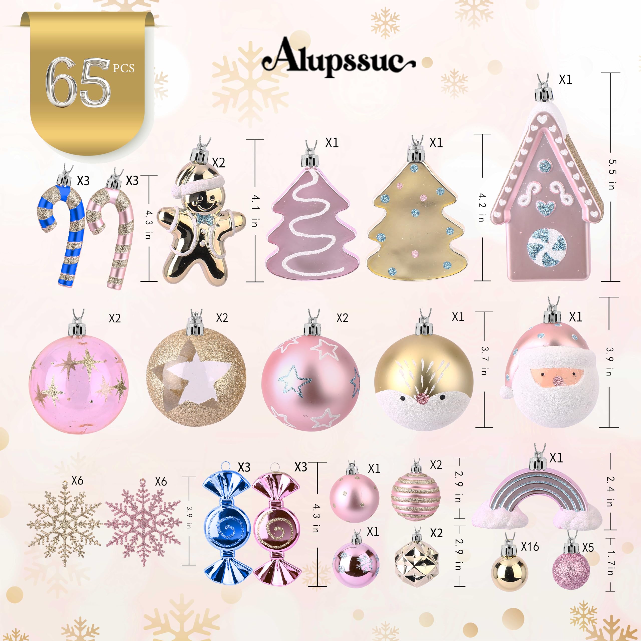 65pcs Macaron Pink Candy House Christmas Balls Ornaments Set with Hanging Strings - SHareconn