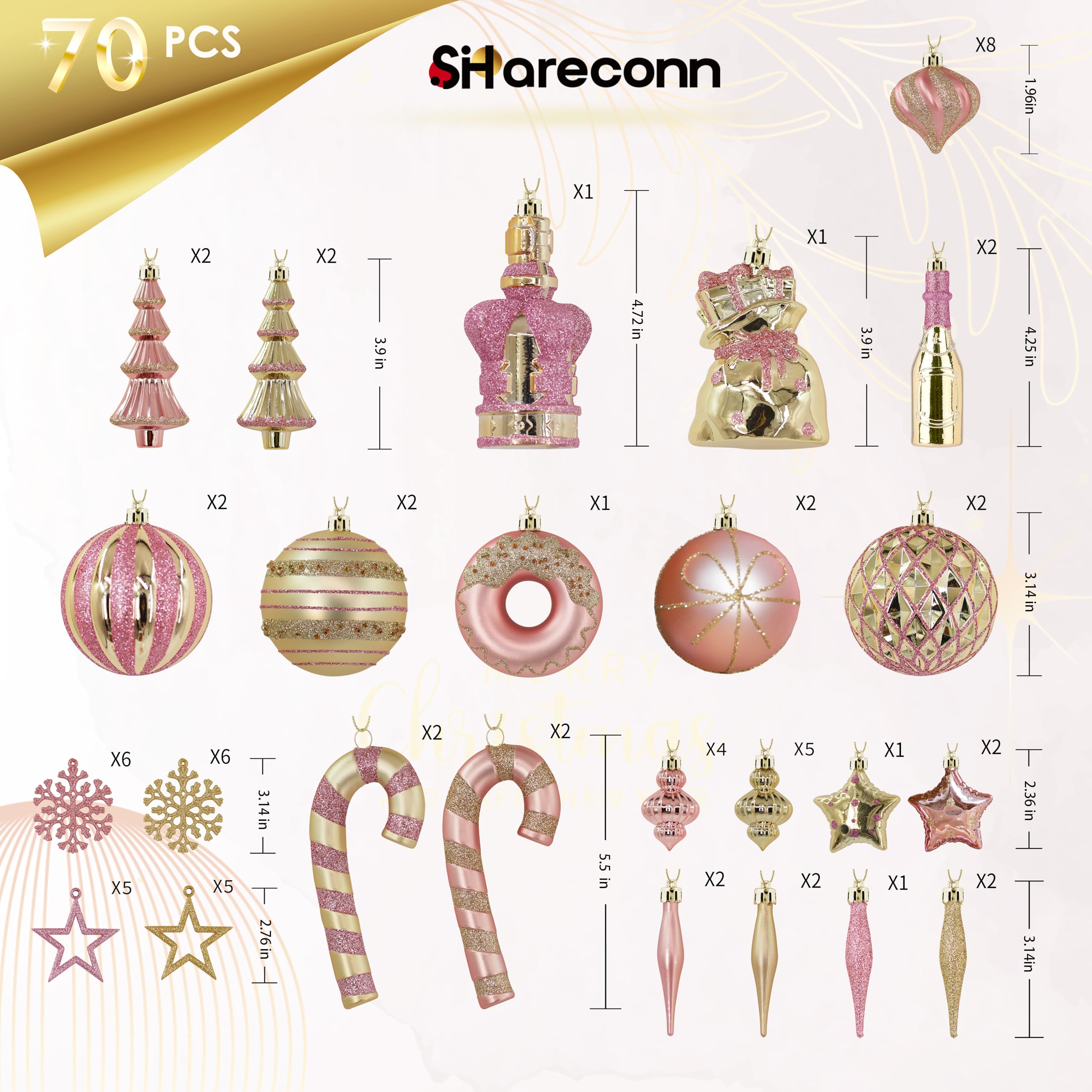 70 pcs Pink and Gold Christmas Ball Ornament Set - SHareconn
