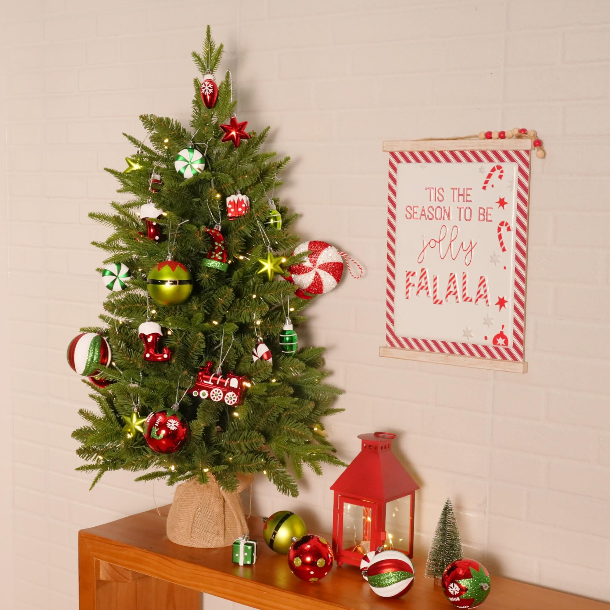 75 Pcs Red Green & White Miniature Trains, Boots, and Santa Hats Christmas Balls Ornaments Set - SHareconn