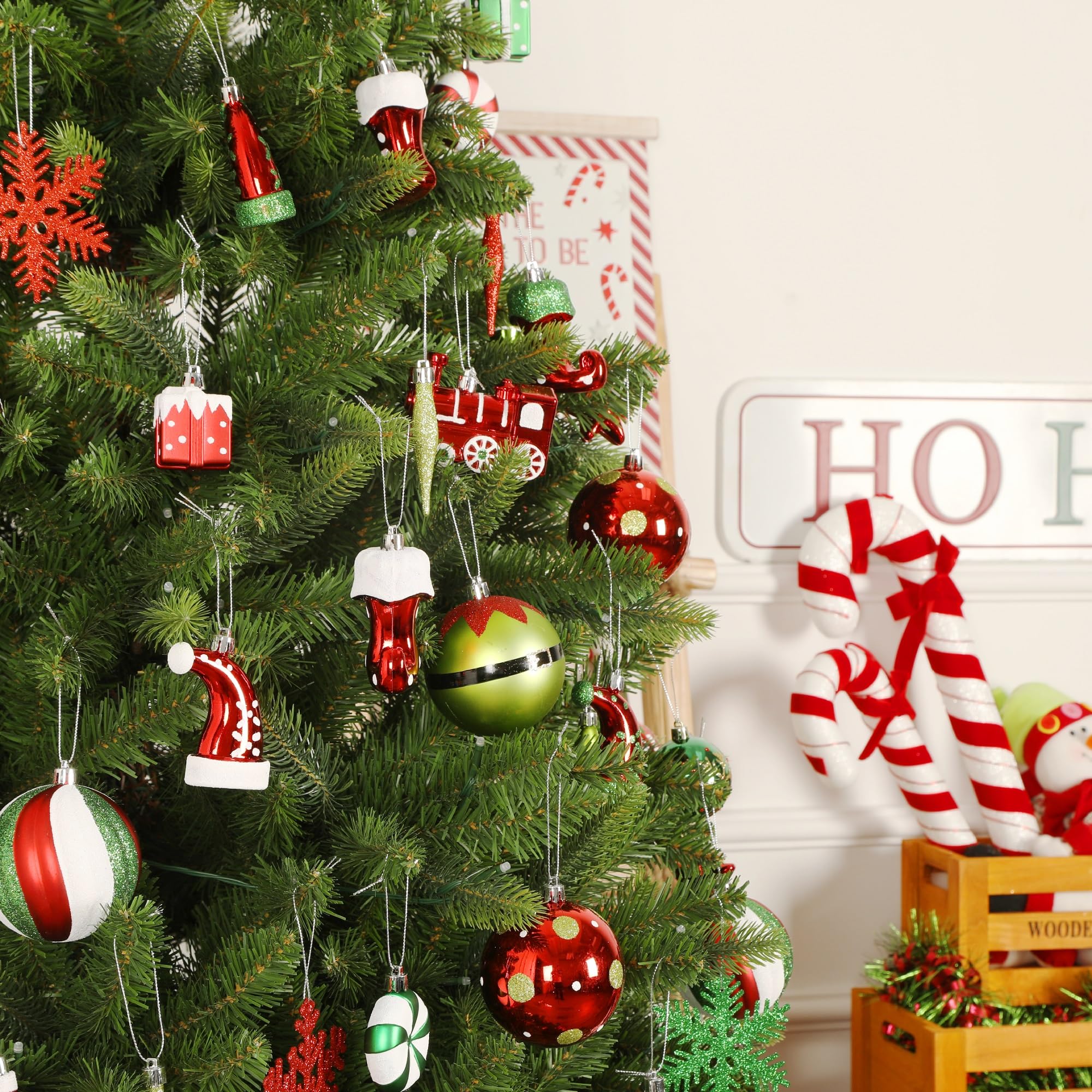 75 Pcs Red Green & White Miniature Trains, Boots, and Santa Hats Christmas Balls Ornaments Set - SHareconn