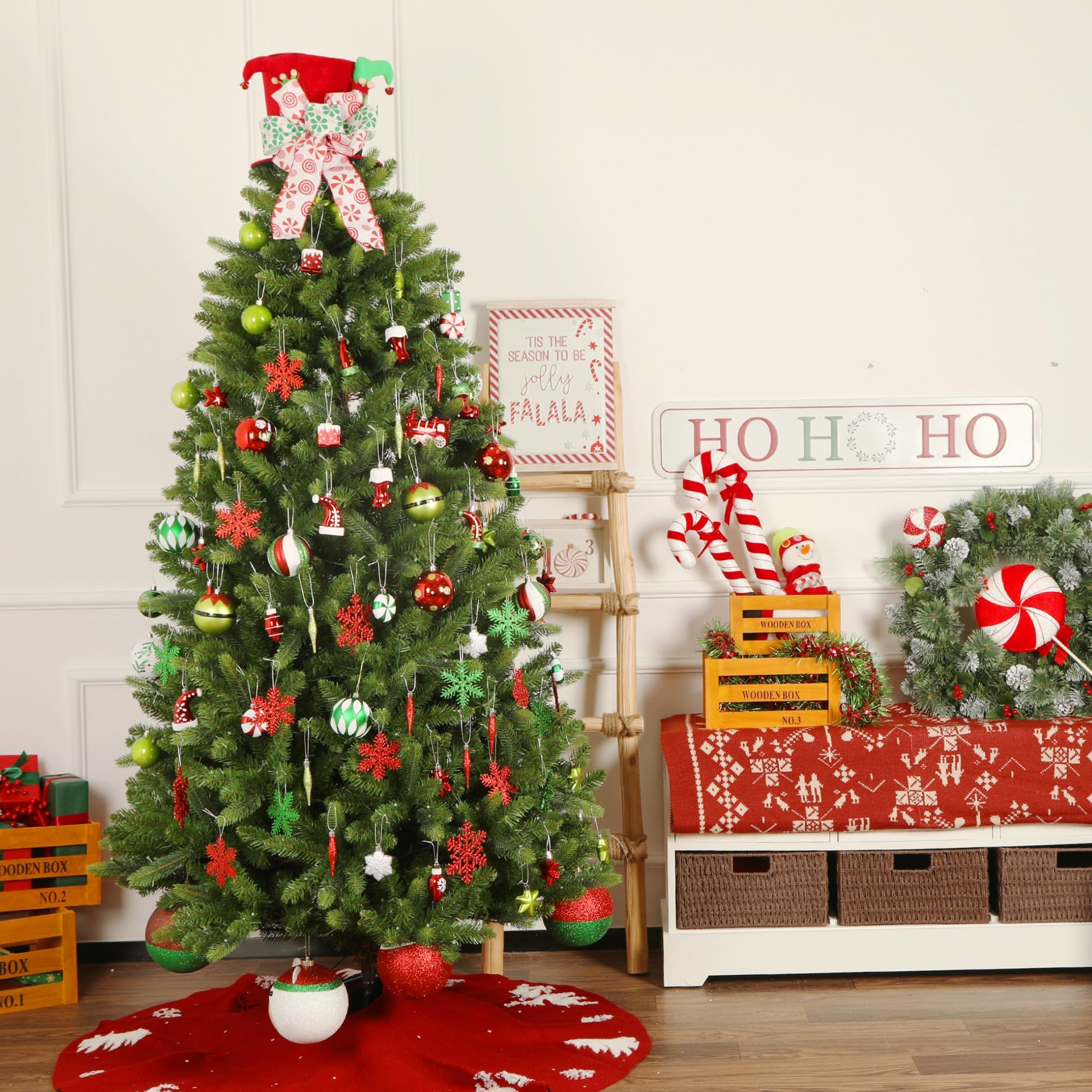 75 Pcs Red Green & White Miniature Trains, Boots, and Santa Hats Christmas Balls Ornaments Set - SHareconn