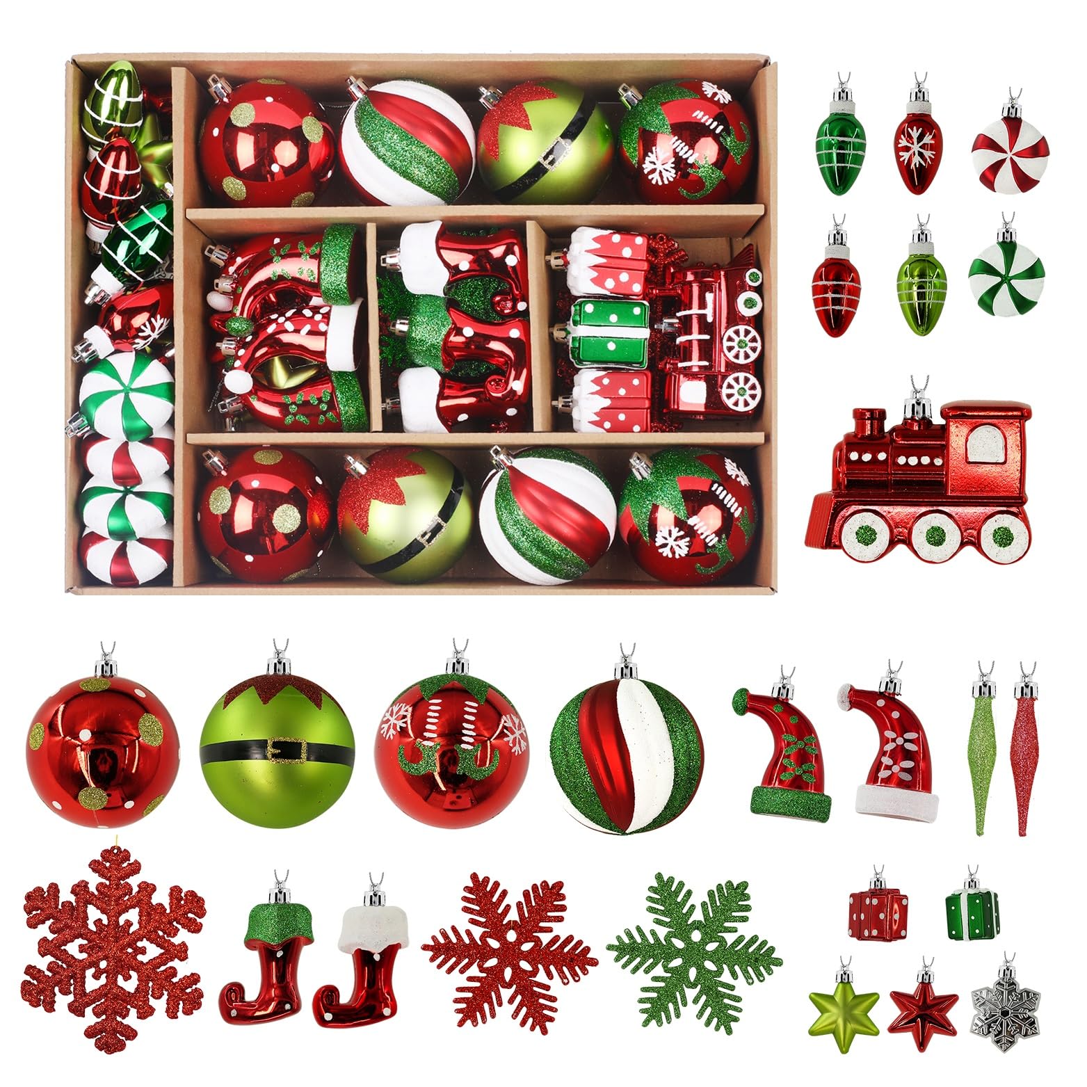 75 Pcs Red Green & White Miniature Trains, Boots, and Santa Hats Christmas Balls Ornaments Set - SHareconn