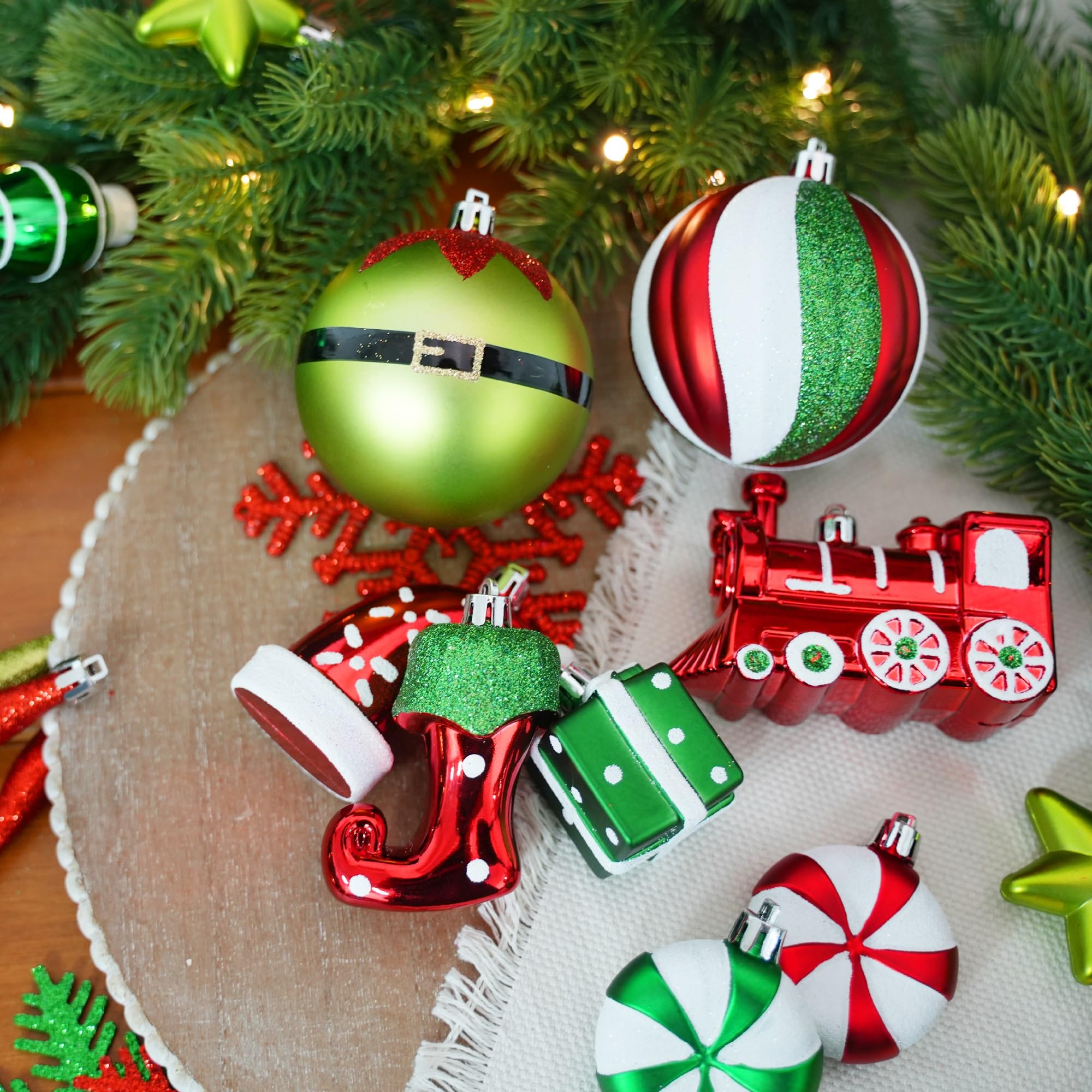 75 Pcs Red Green & White Miniature Trains, Boots, and Santa Hats Christmas Balls Ornaments Set - SHareconn