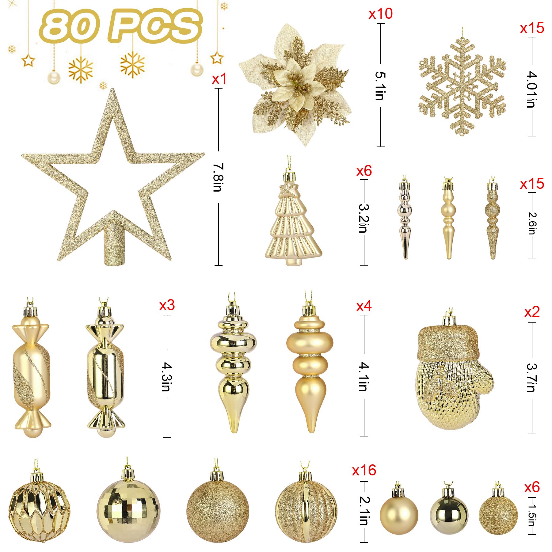 80pcs Gold Christmas Balls Ornaments Set with Lanyards - SHareconn