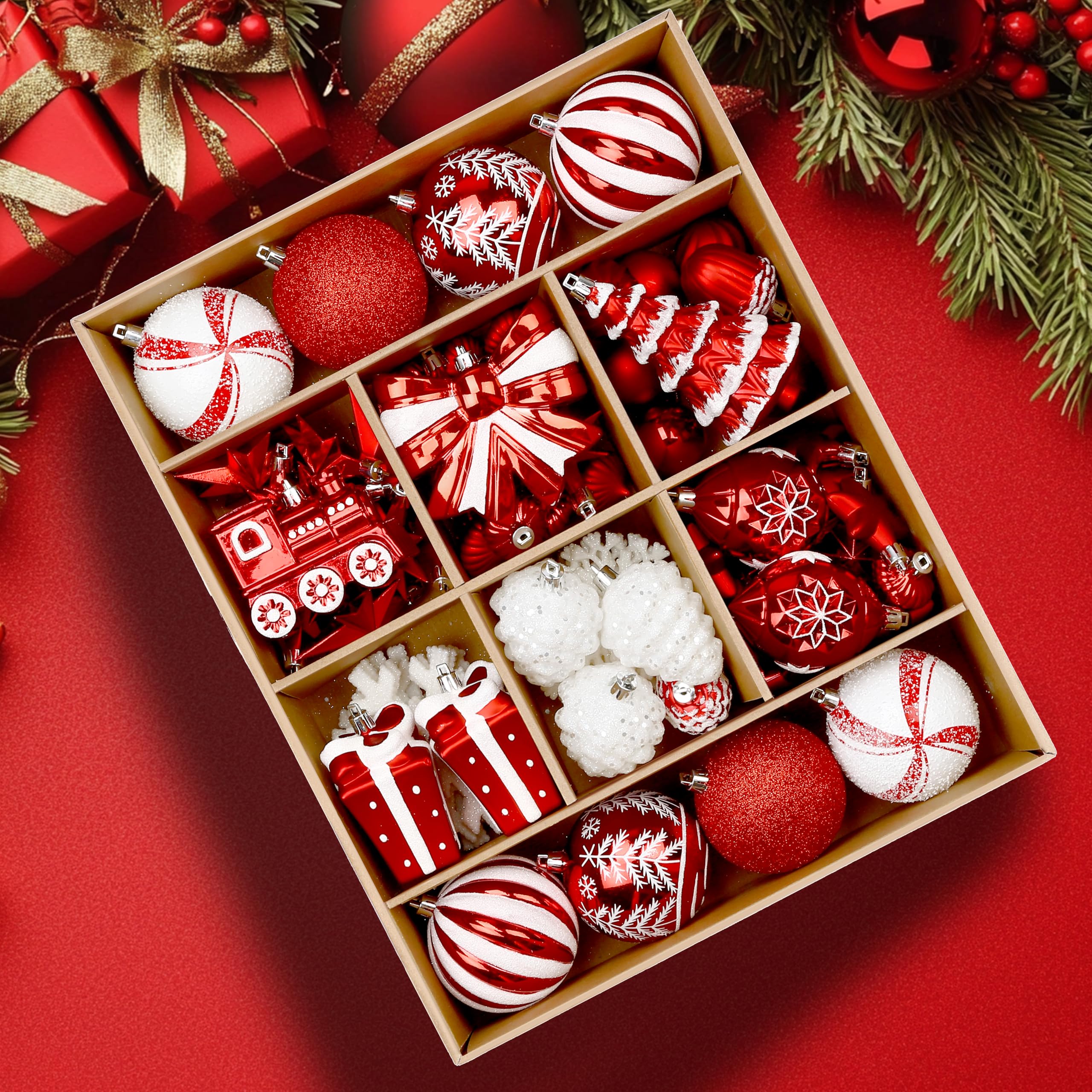 82pcs Red and White Christmas Balls Ornaments Set with Hanging Strings - SHareconn