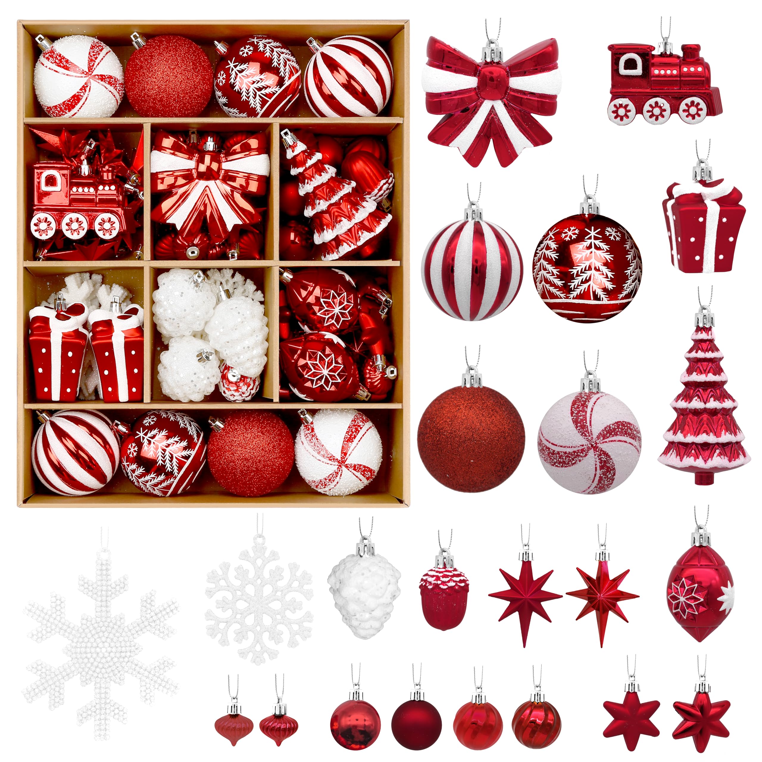 82pcs Red and White Christmas Balls Ornaments Set with Hanging Strings - SHareconn