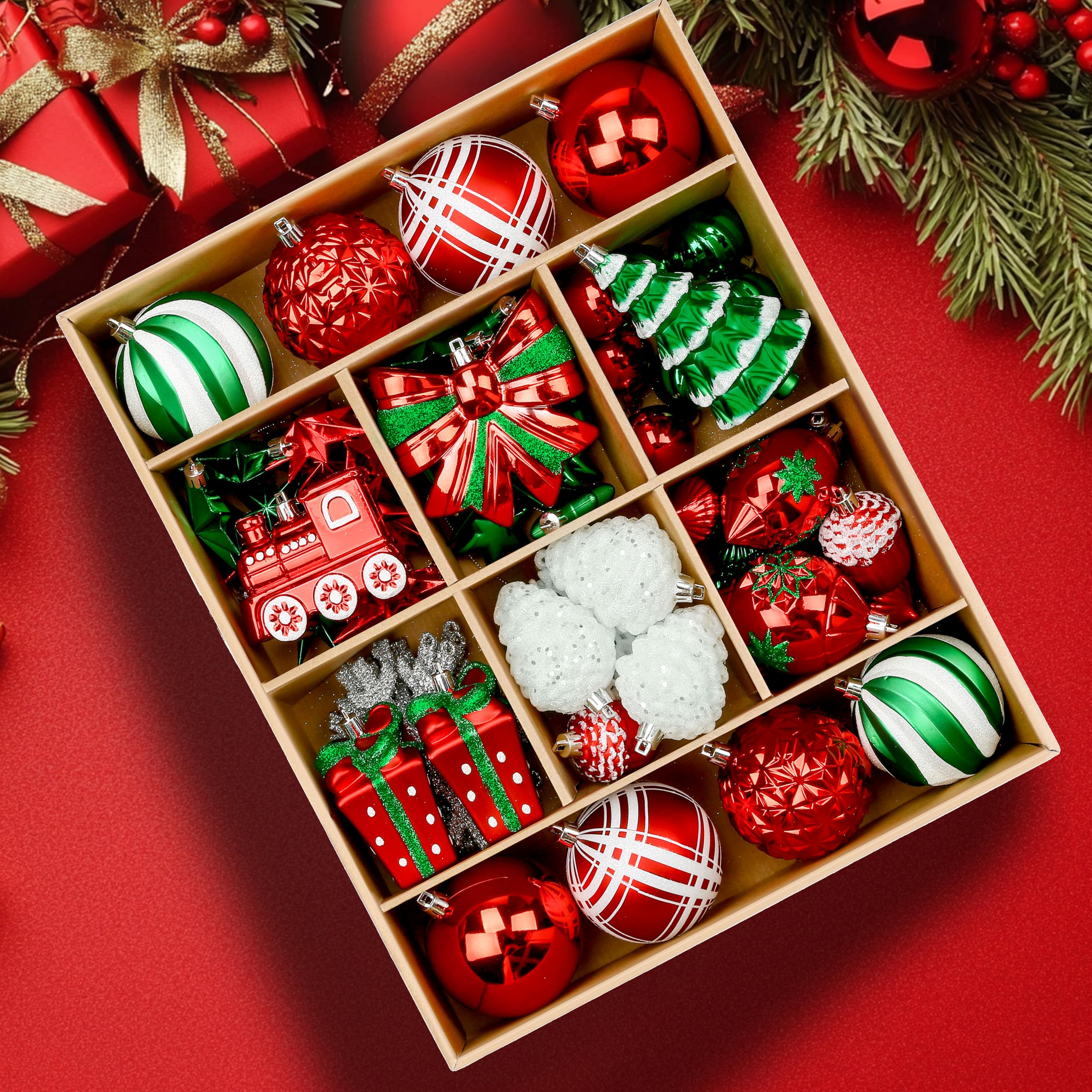 82pcs Red,Green and White Christmas Balls Ornaments Set with Hanging Strings - SHareconn