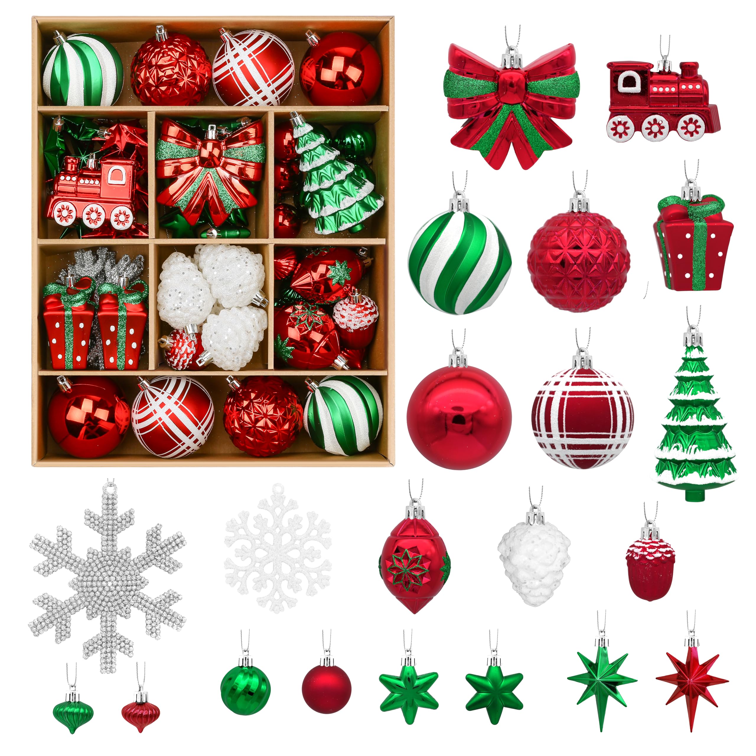 82pcs Red,Green and White Christmas Balls Ornaments Set with Hanging Strings - SHareconn