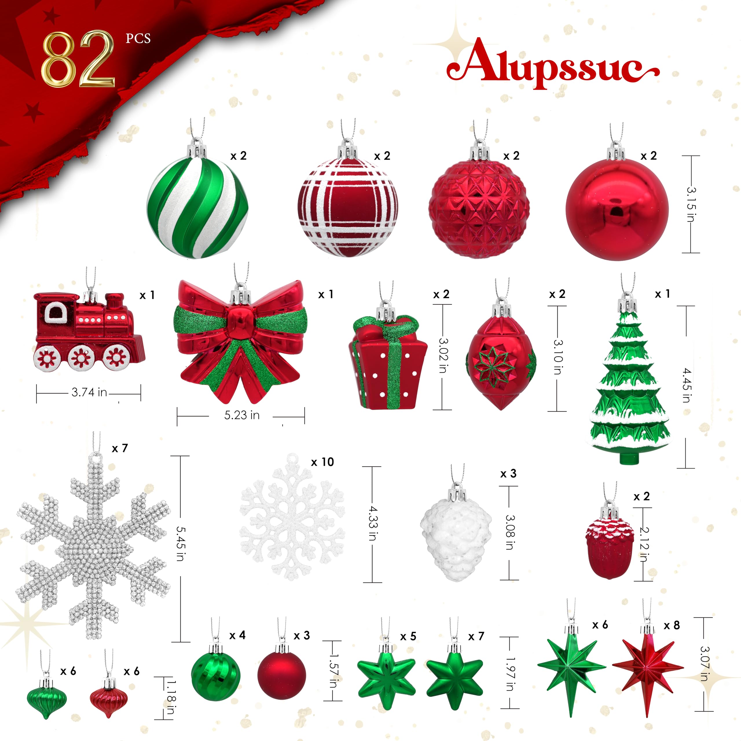 82pcs Red,Green and White Christmas Balls Ornaments Set with Hanging Strings - SHareconn