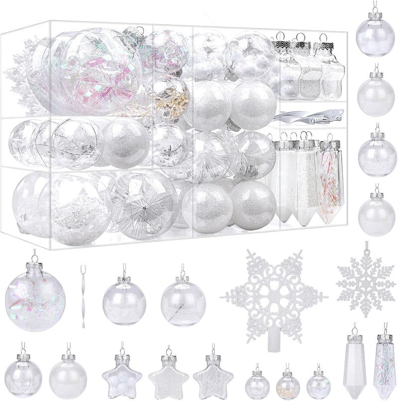Set of 100 clear white Christmas ball ornaments by SHareconn, shatterproof plastic holiday tree decorations, hanging on a Christmas tree.