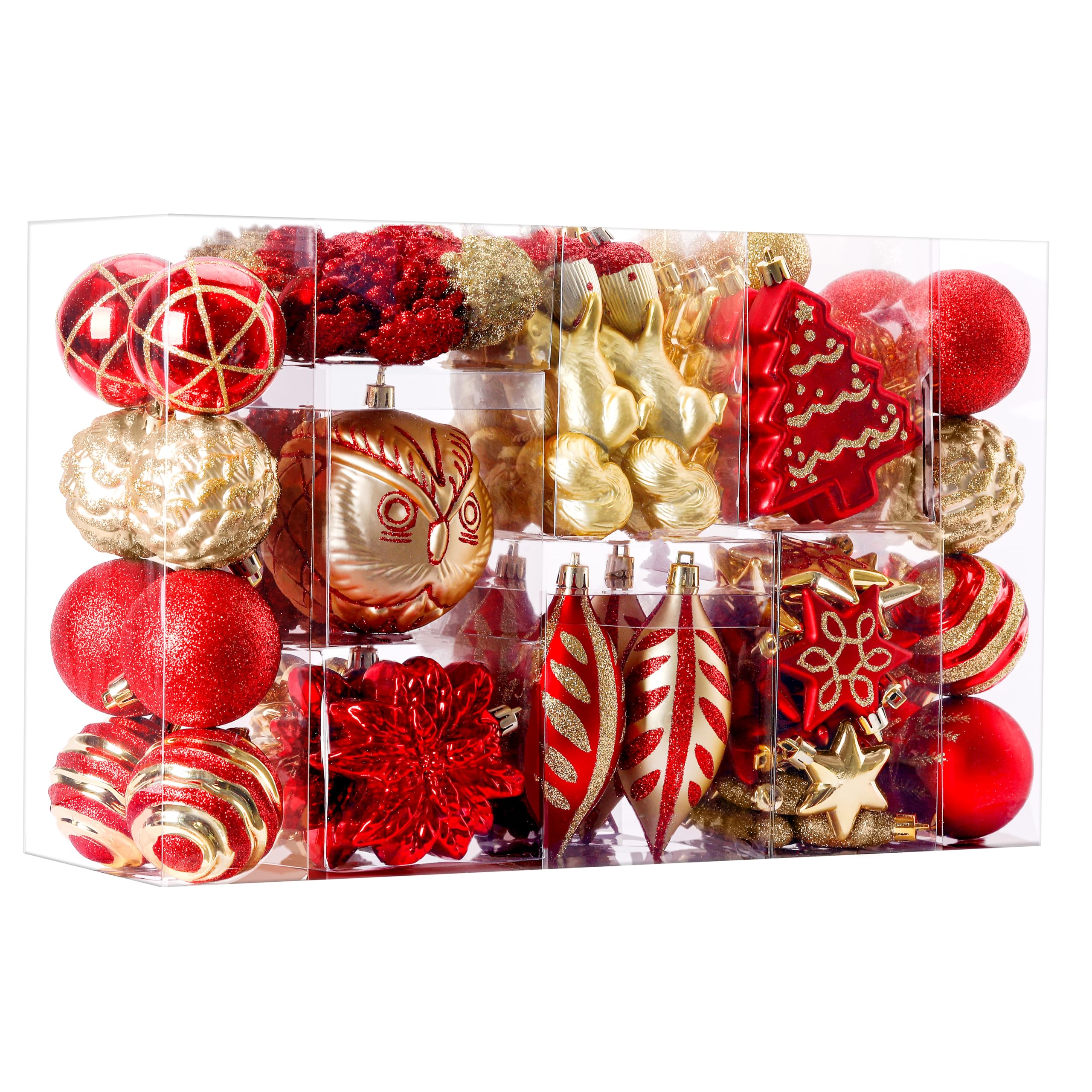 96pcs Red & Gold Forest Theme and Animal Designs Christmas Tree Ornaments Set - SHareconn