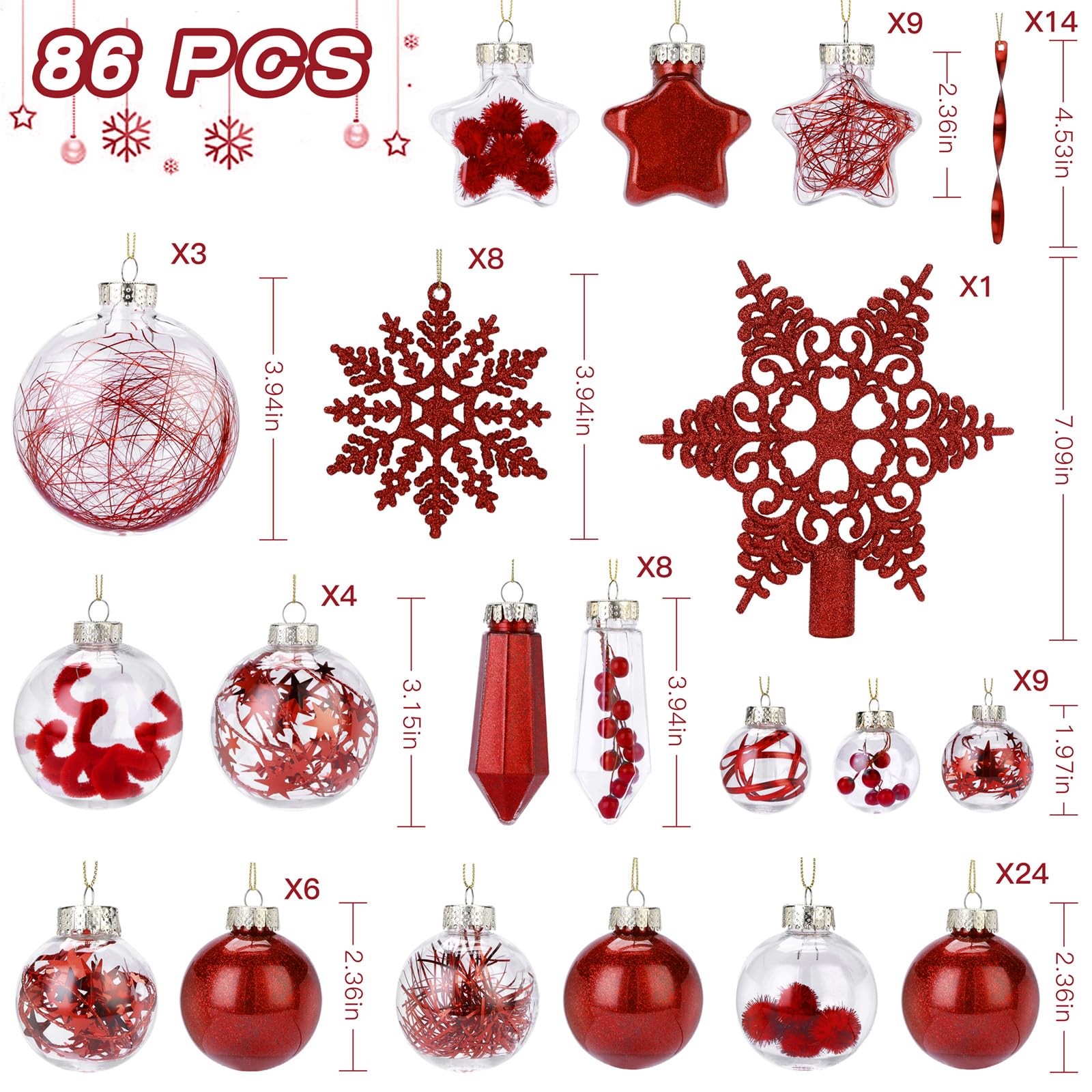SHareconn 86PCS Red Christmas Ball Decoration Set - SHareconn