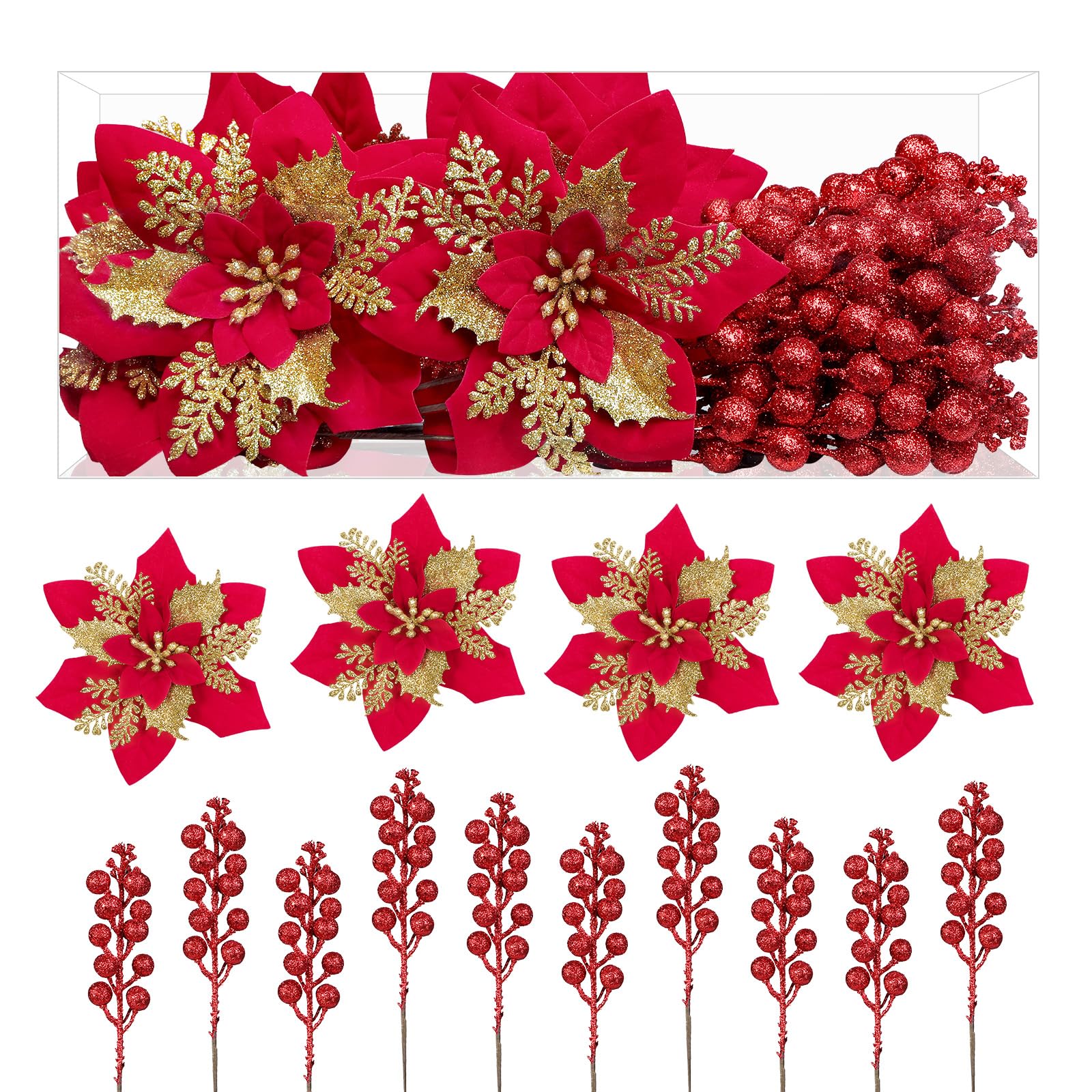 12Pcs Poinsettias Artificial Christmas Flowers+12Pcs Holly Berry Stems for Christmas Tree Decor - SHareconn
