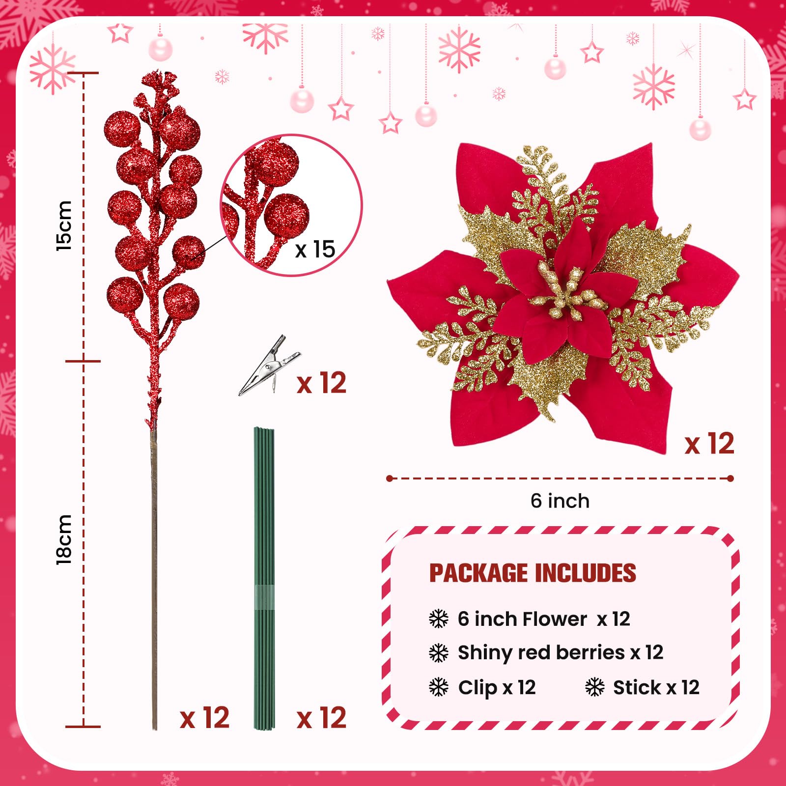 12Pcs Poinsettias Artificial Christmas Flowers+12Pcs Holly Berry Stems for Christmas Tree Decor - SHareconn