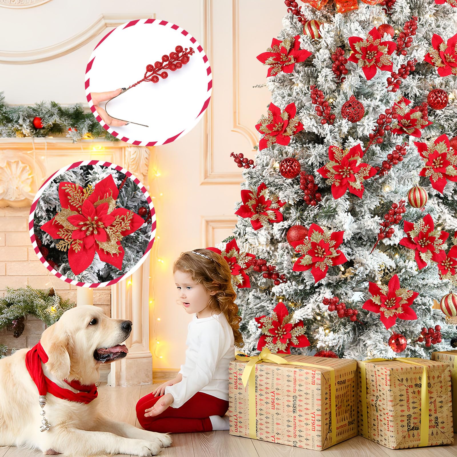 12Pcs Poinsettias Artificial Christmas Flowers+12Pcs Holly Berry Stems for Christmas Tree Decor - SHareconn