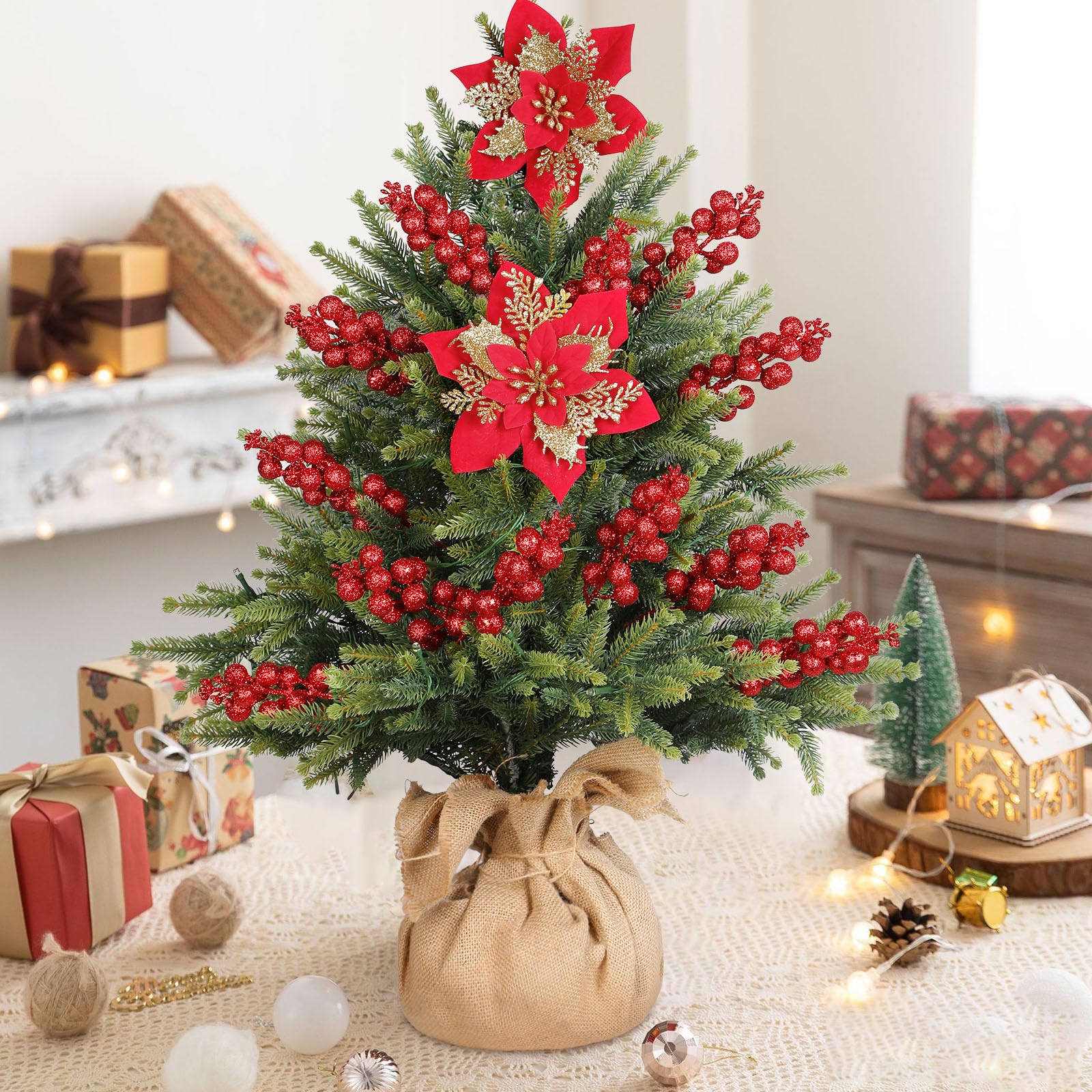 12Pcs Poinsettias Artificial Christmas Flowers+12Pcs Holly Berry Stems for Christmas Tree Decor - SHareconn