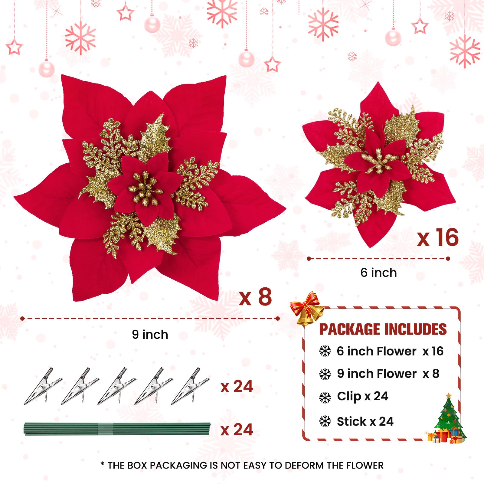 24 Pcs 6"&9" Red＆Gold Large Poinsettia Artificial Christmas Flowers Decorations for Christmas Tree with Clips&Sticks - SHareconn