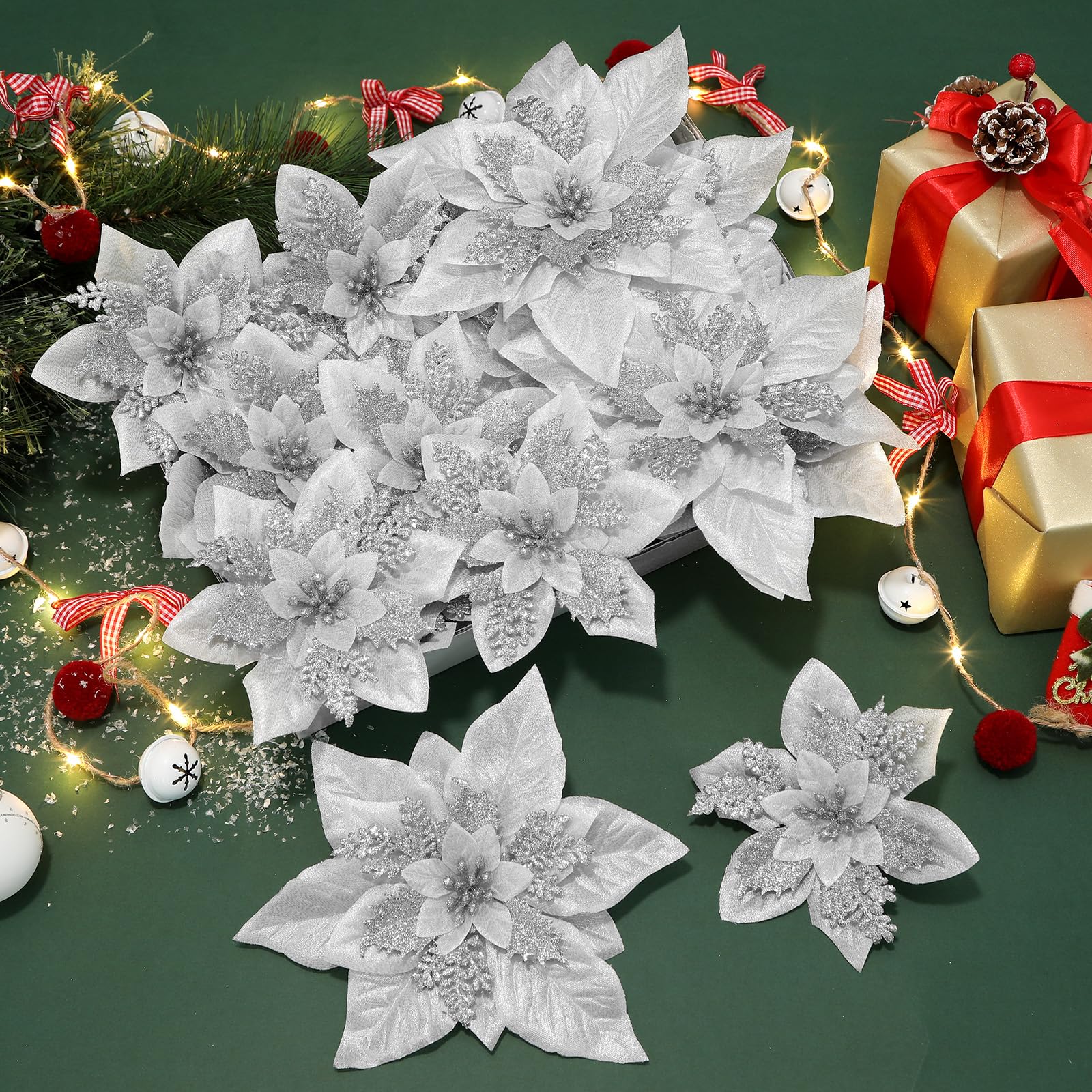24 Pcs 6"&9" Silver Large Poinsettia Artificial Christmas Flowers Decorations for Christmas Tree with Clips&Sticks - SHareconn