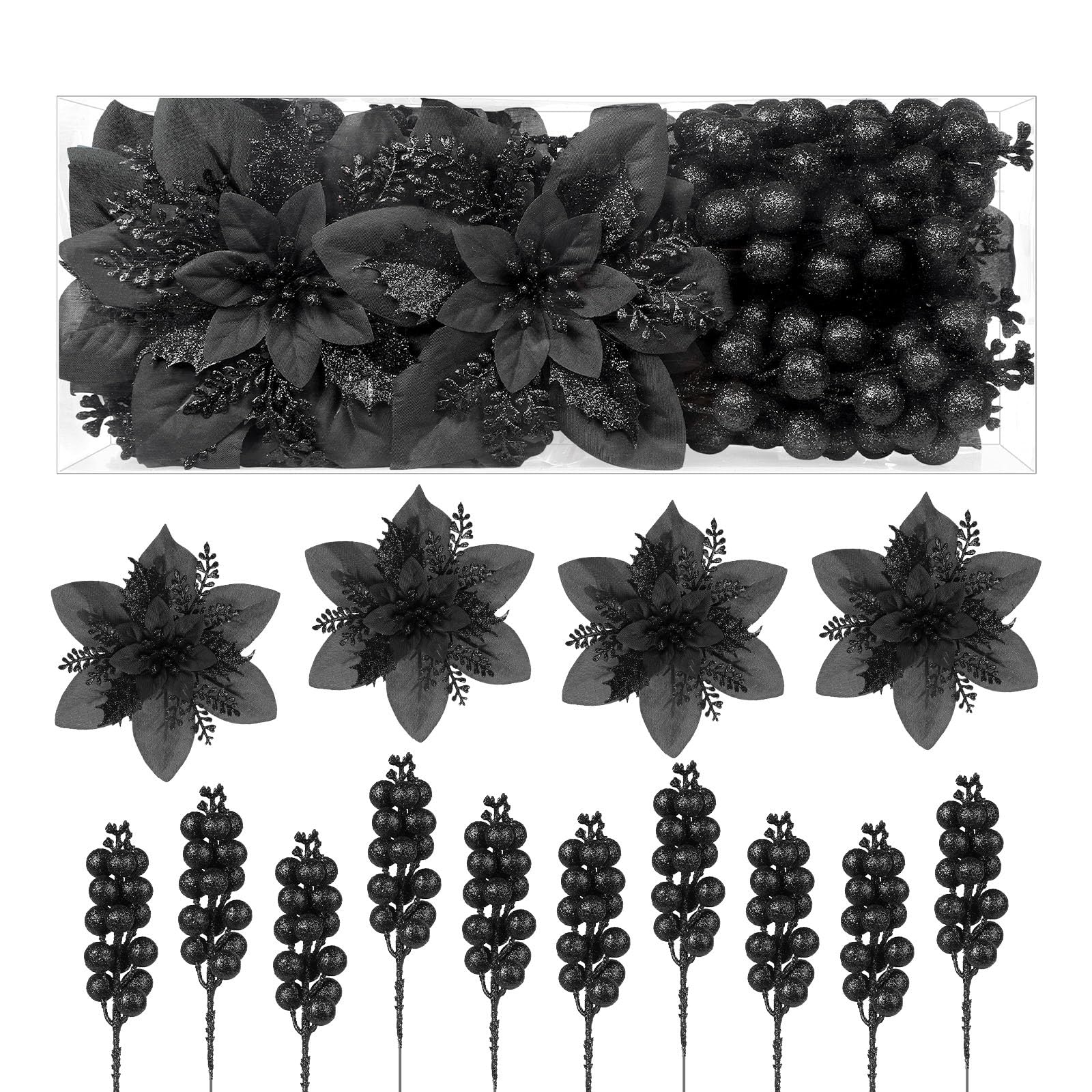 24 Pcs Black Boxed 12Pcs Poinsettias Artificial Christmas Flowers+12Pcs Holly Berry Stems for Christmas Tree Decor - SHareconn