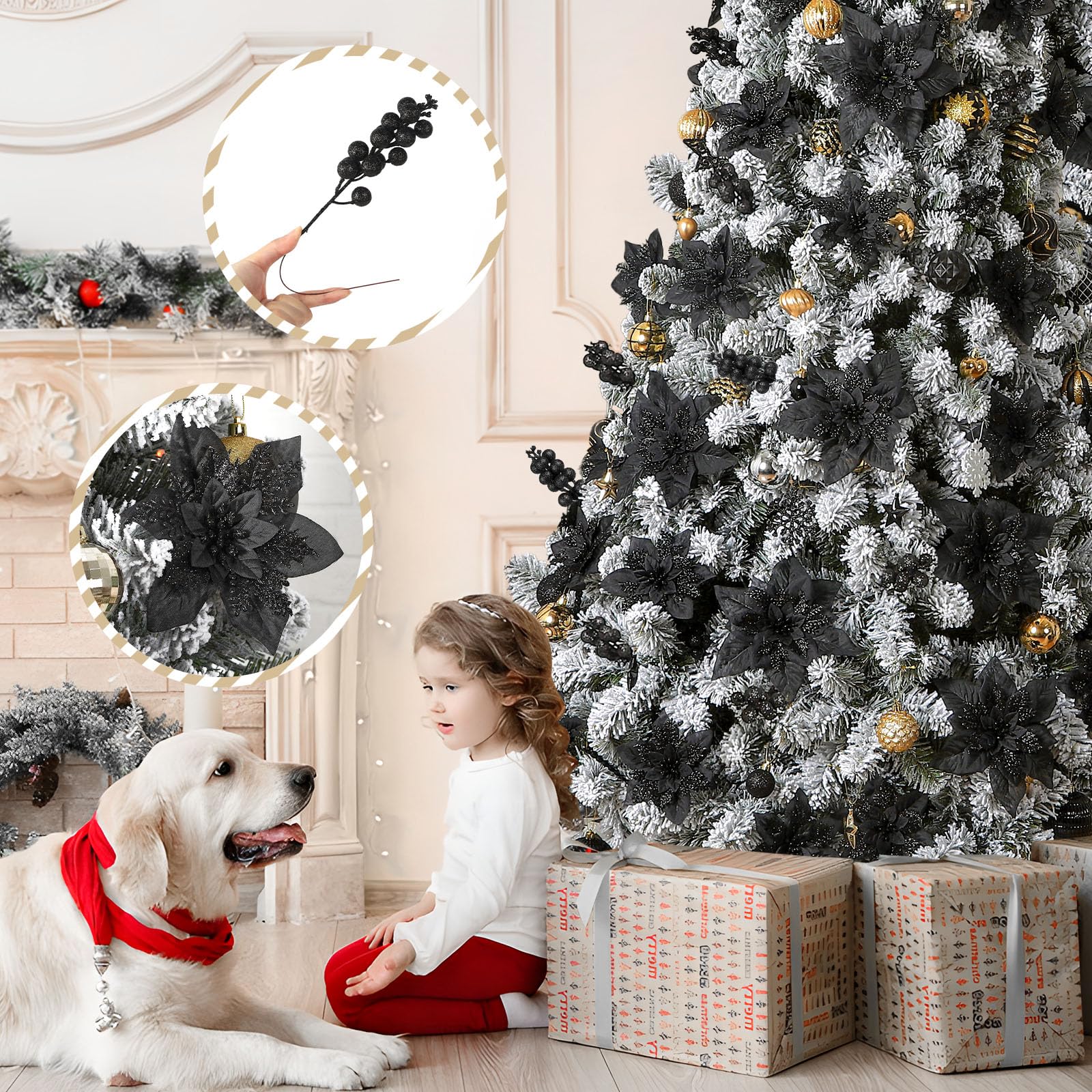 24 Pcs Black Boxed 12Pcs Poinsettias Artificial Christmas Flowers+12Pcs Holly Berry Stems for Christmas Tree Decor - SHareconn