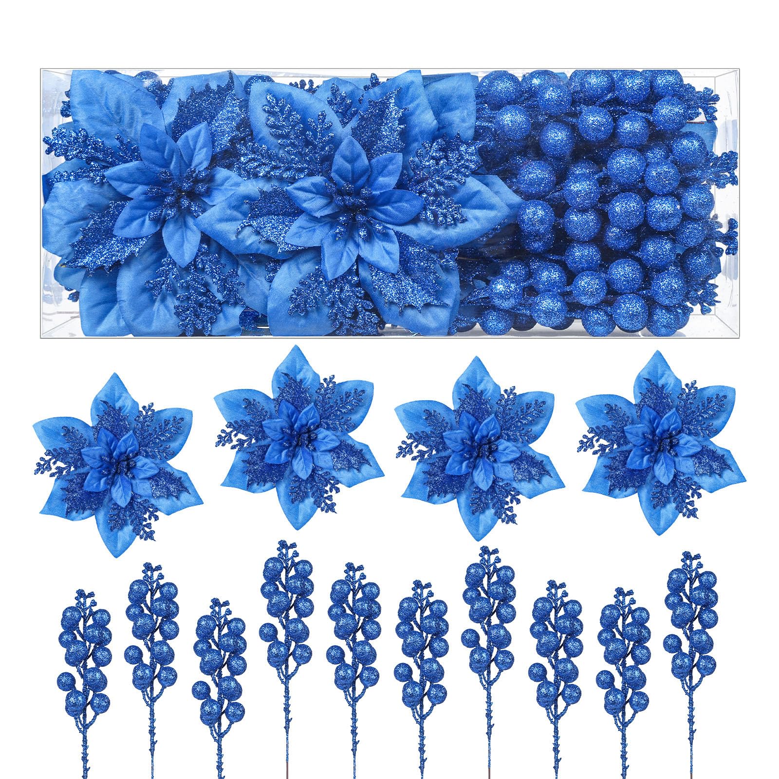 24 Pcs Blue Boxed 12Pcs Poinsettias Artificial Christmas Flowers+12Pcs Holly Berry Stems for Christmas Tree Decor - SHareconn