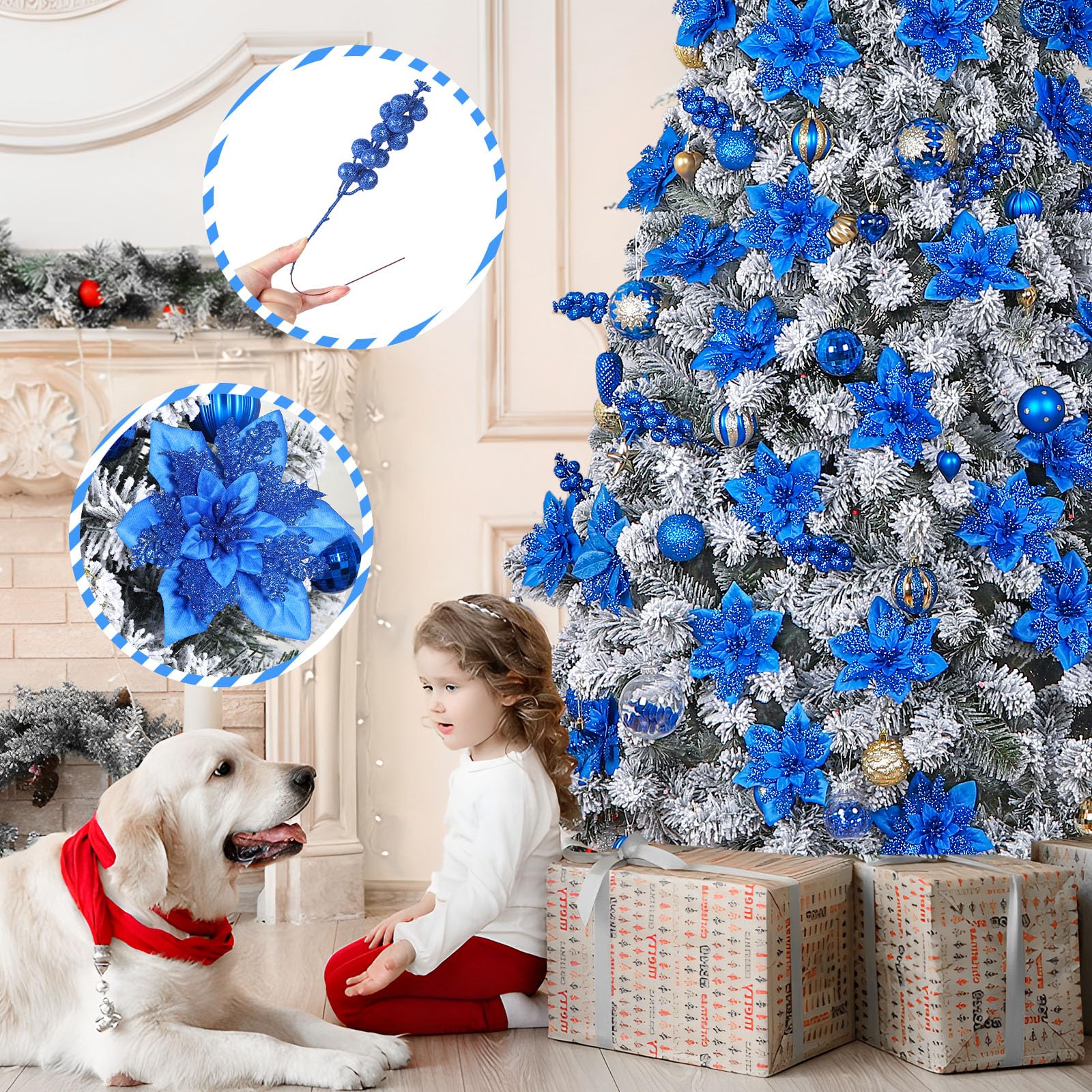 24 Pcs Blue Boxed 12Pcs Poinsettias Artificial Christmas Flowers+12Pcs Holly Berry Stems for Christmas Tree Decor - SHareconn