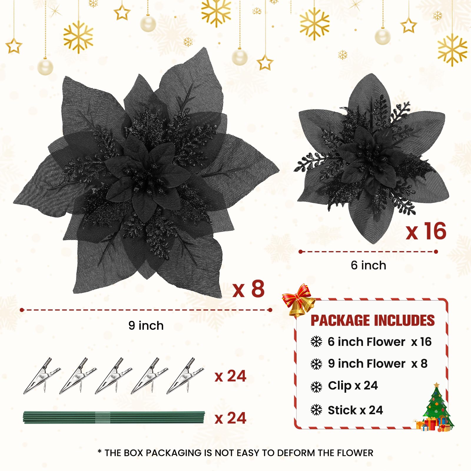 24 Pcs Boxed Christmas Flowers Glitter Tree Picks Ornaments for Wedding Xmas Tree New Year Holiday Decor with Clips and Sticks, Black - SHareconn