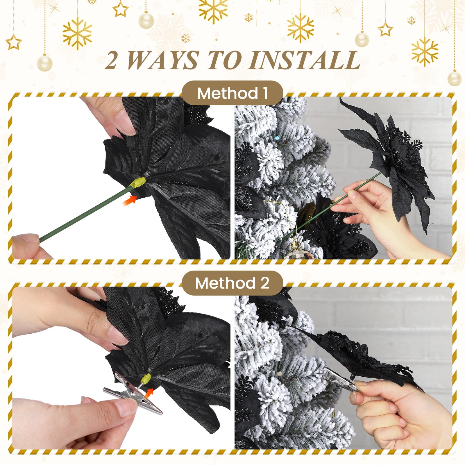 24 Pcs Boxed Christmas Flowers Glitter Tree Picks Ornaments for Wedding Xmas Tree New Year Holiday Decor with Clips and Sticks, Black - SHareconn