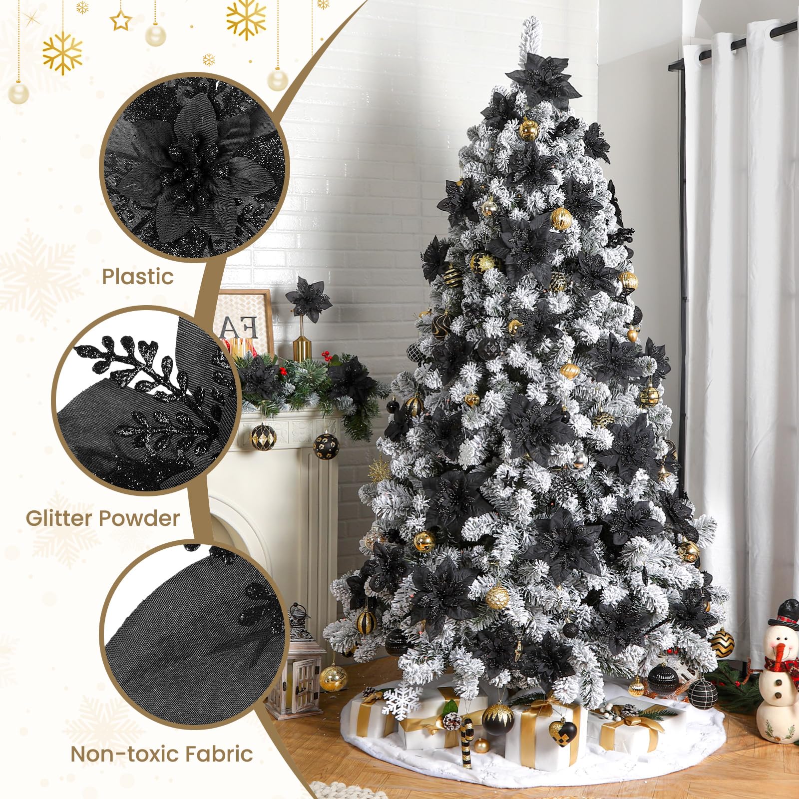 24 Pcs Boxed Christmas Flowers Glitter Tree Picks Ornaments for Wedding Xmas Tree New Year Holiday Decor with Clips and Sticks, Black - SHareconn