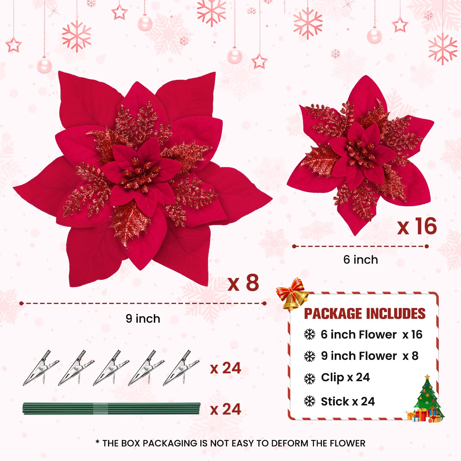 24 Pcs Boxed Christmas Flowers Glitter Tree Picks Ornaments for Wedding Xmas Tree New Year Holiday Decor with Clips and Sticks, Red - SHareconn