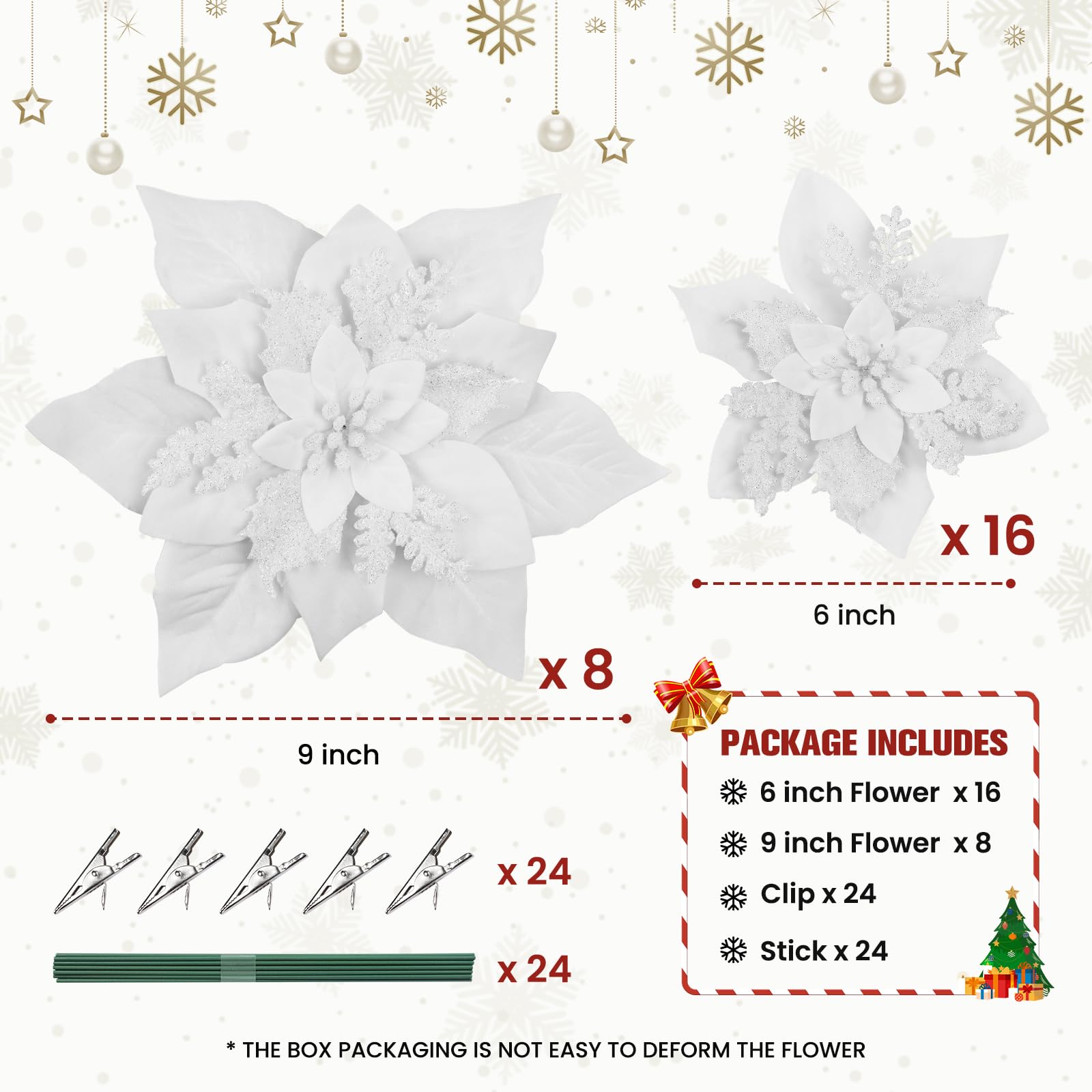 24 Pcs Boxed Christmas Flowers Glitter Tree Picks Ornaments for Wedding Xmas Tree New Year Holiday Decor with Clips and Sticks, White - SHareconn