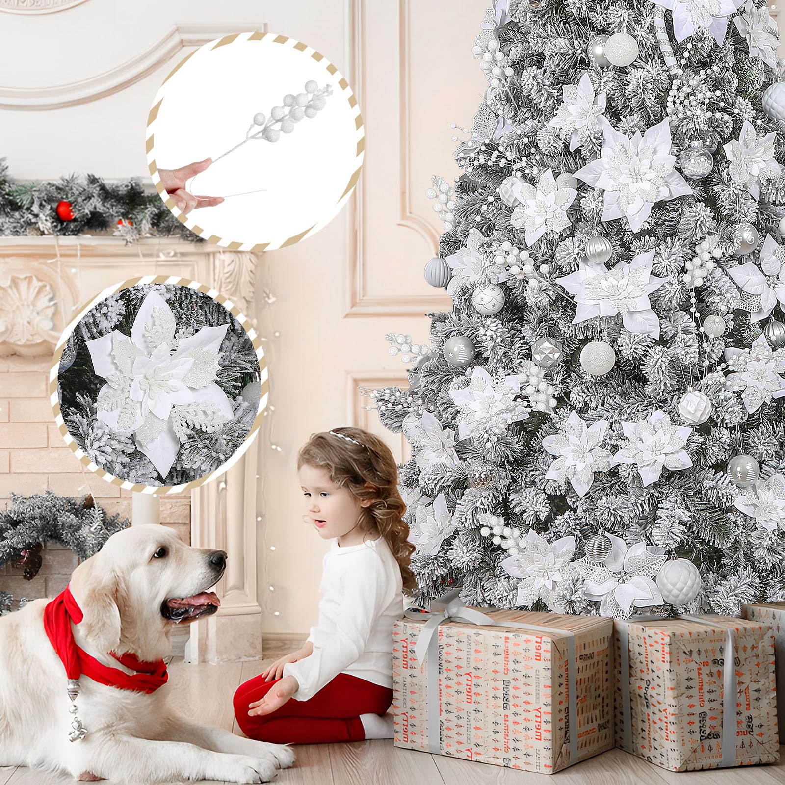 24 Pcs Christmas Tree Decorations Picks, Boxed 12Pcs Poinsettias Artificial Christmas Flowers with Clips and Stems+12pcs Holly Berry Stems, White - SHareconn