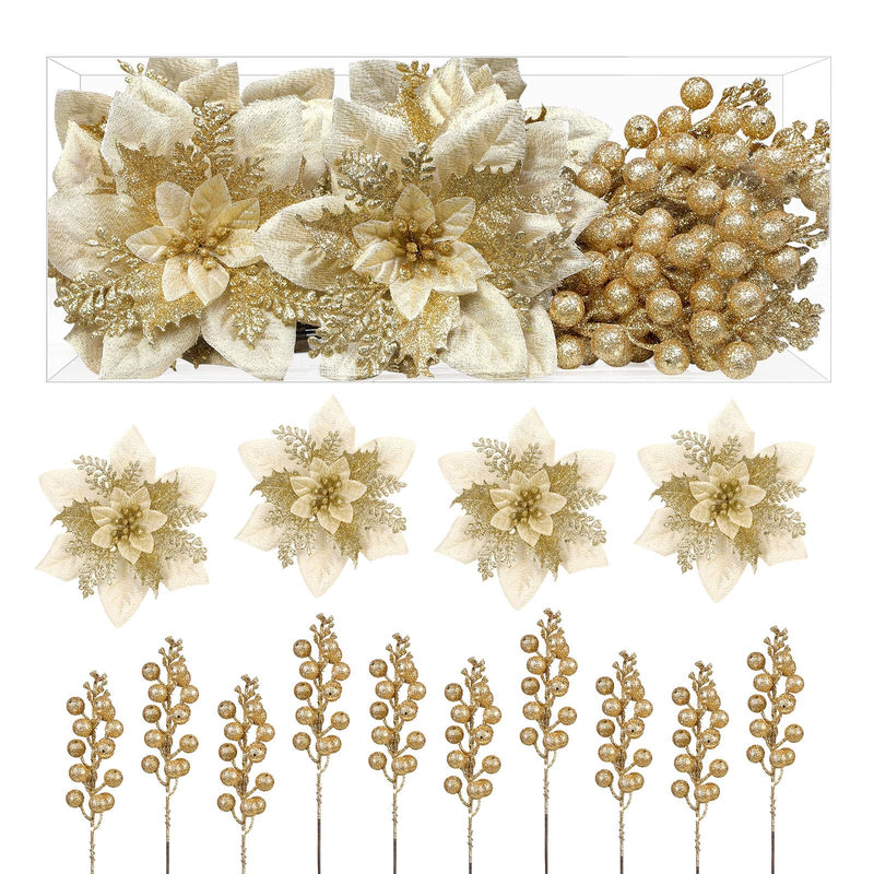 Set of 24 gold Christmas floral picks including 12 artificial Christmas flowers and 12 holly berry stems for holiday decor.