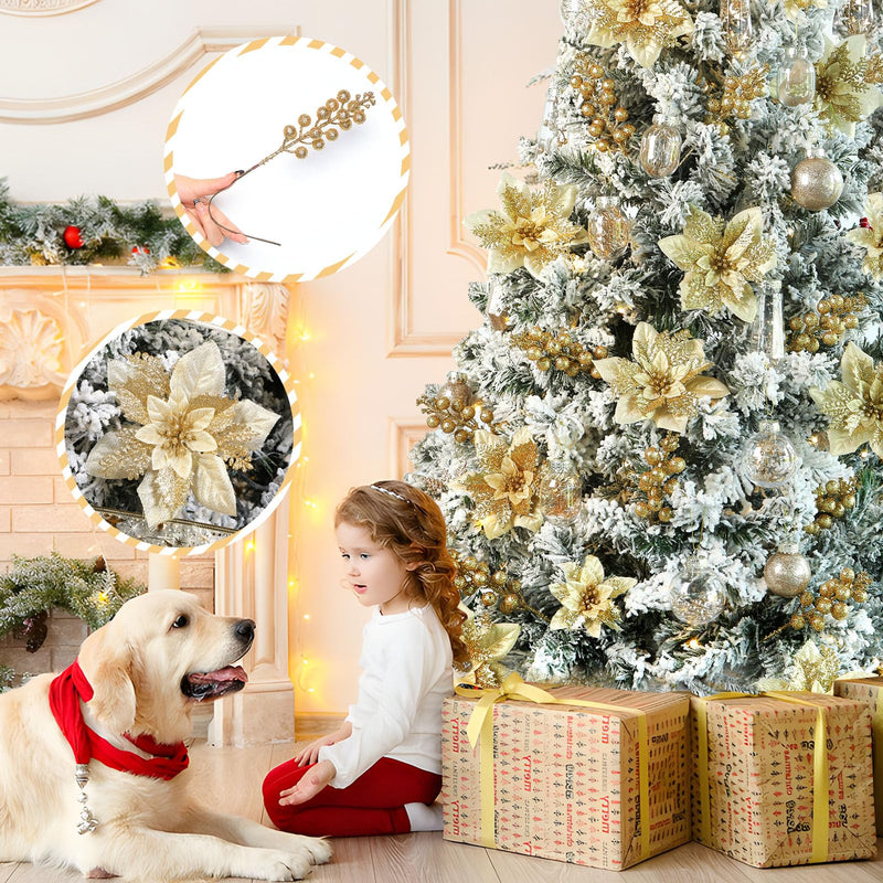 24 pcs Gold Christmas Picks decoration by SHareconn, includes artificial Christmas flowers and holly berry stems for festive floral decor.