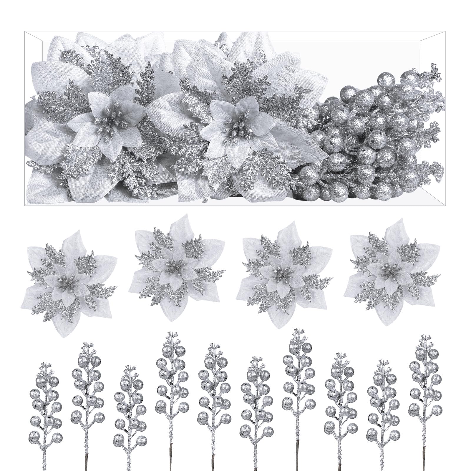 24 Pcs Silver Boxed 12Pcs Poinsettias Artificial Christmas Flowers+12Pcs Holly Berry Stems for Christmas Tree Decor - SHareconn