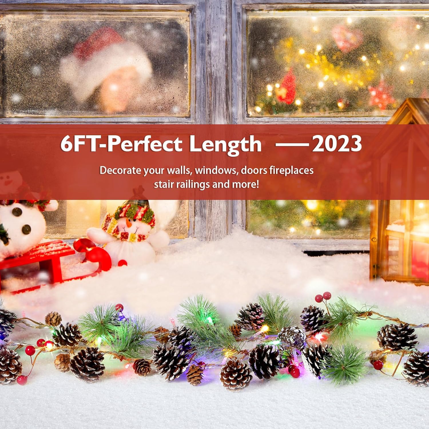 2PCS 6FT(2 * 180cm) Artificial Christmas Garland with Prelit Lights Snow Pine Cone&Red Berry - SHareconn
