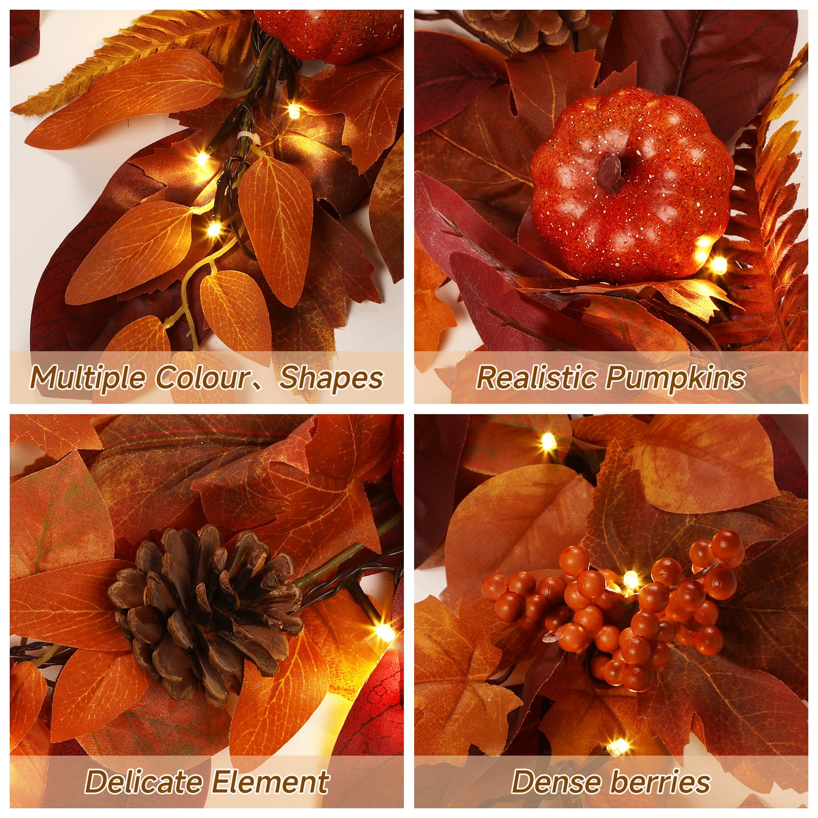 6FT Autumn Pumpkin & Maple Leaves Garland with Prelit 30 LED Lights [Warm White & Orange] - SHareconn