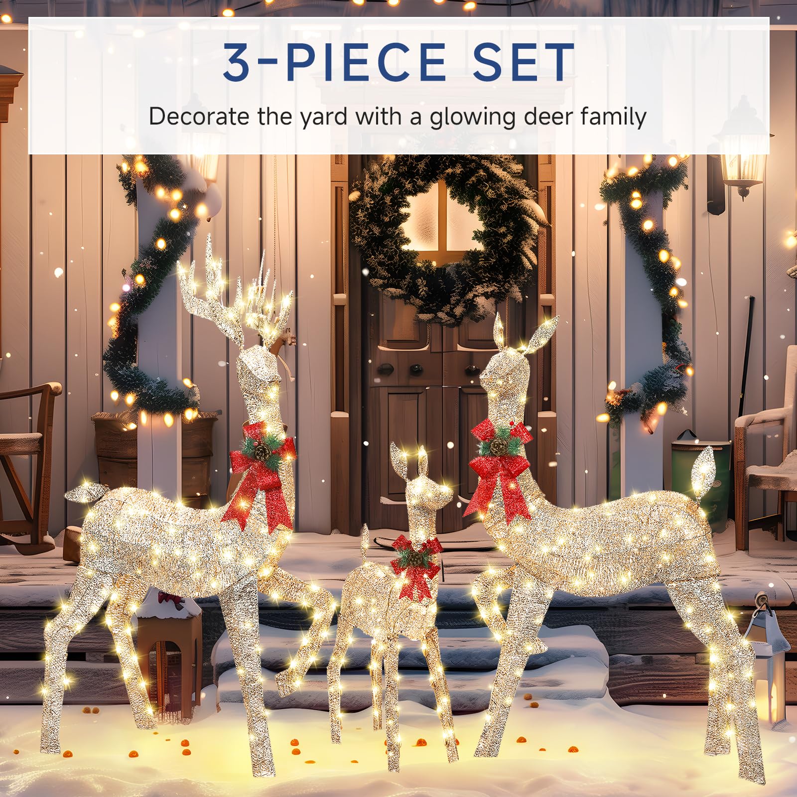 3-Piece Champagne Gold Large Pre-Lit Christmas Deer Family Set Outdoor Yard Decorations - SHareconn