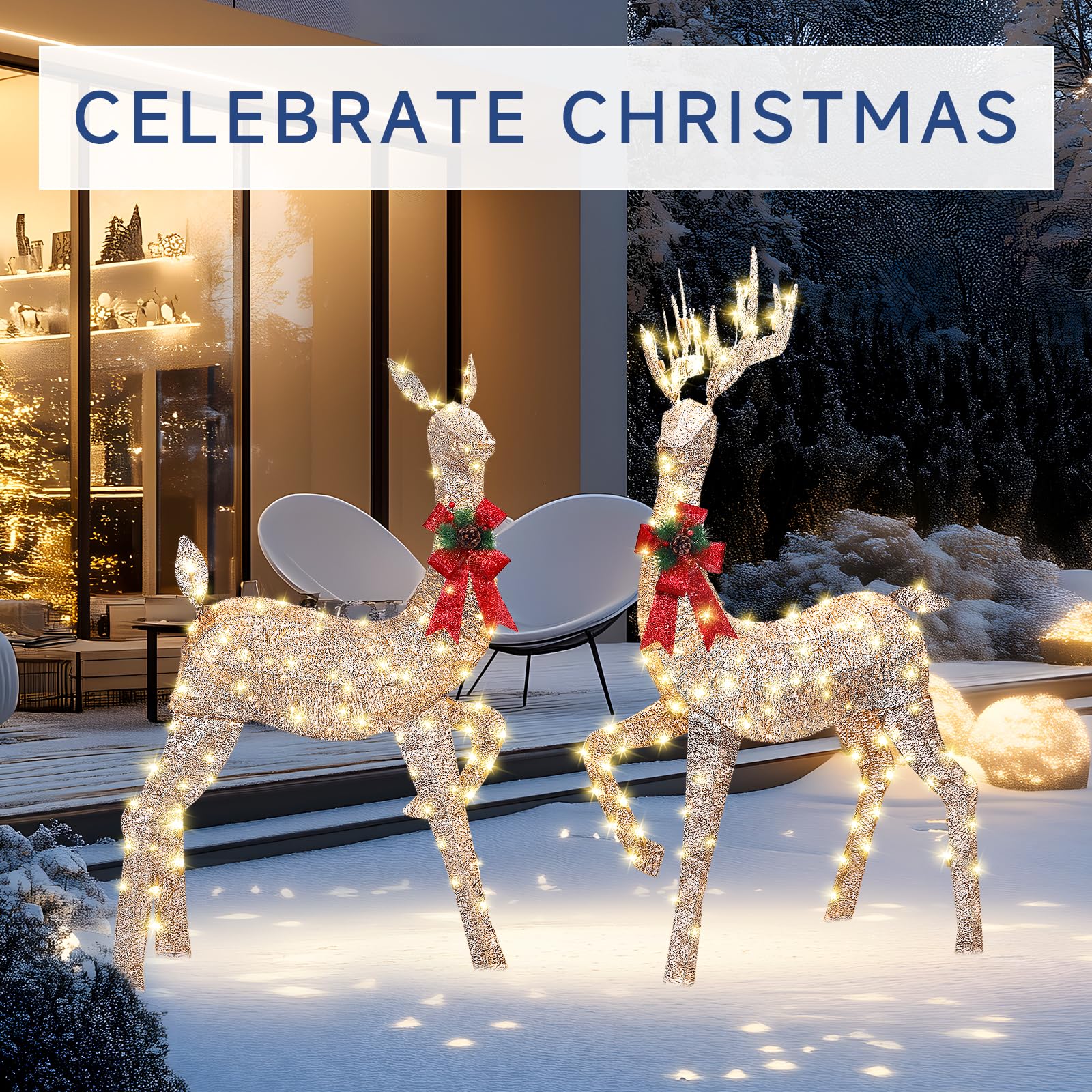 3-Piece Champagne Gold Large Pre-Lit Christmas Deer Family Set Outdoor Yard Decorations - SHareconn